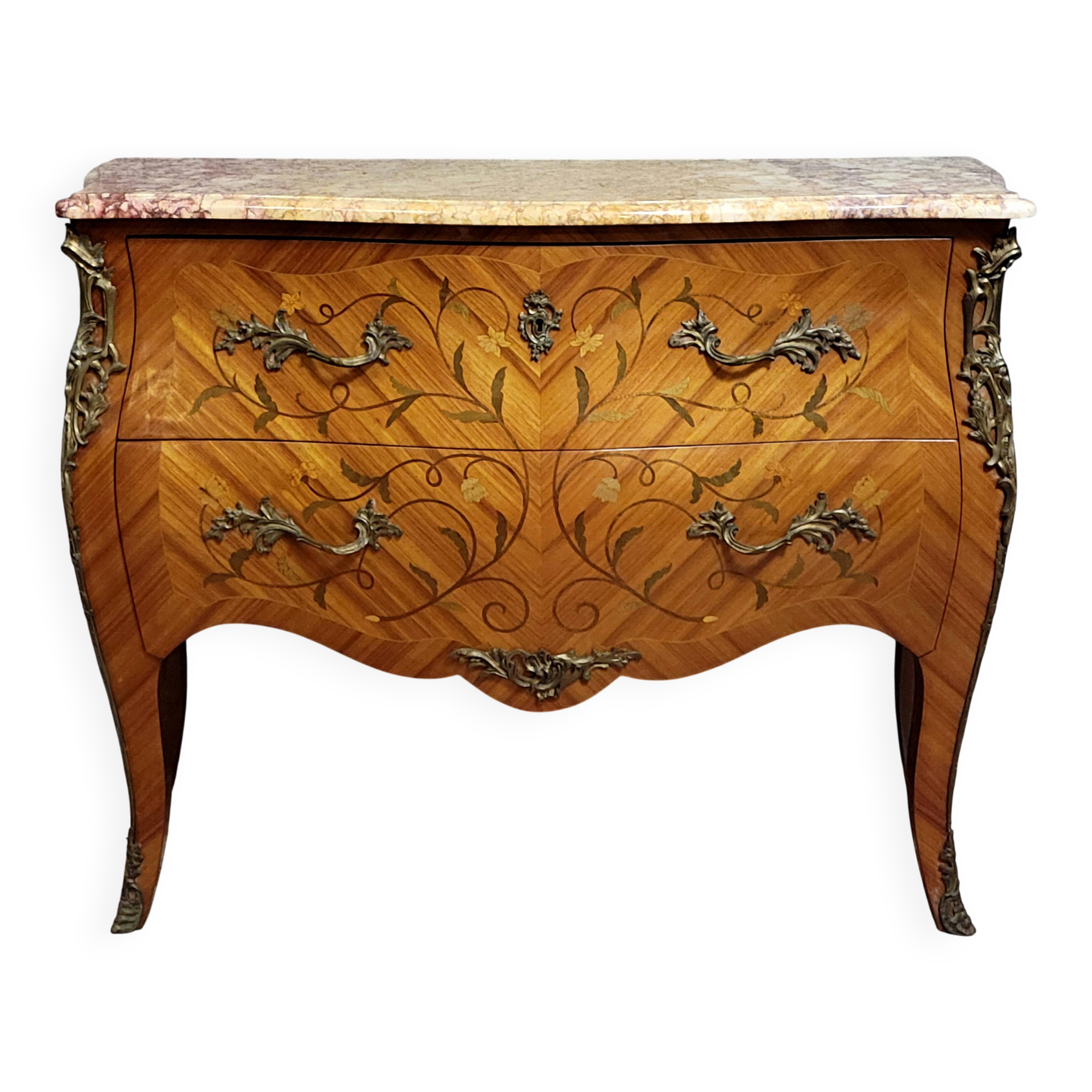 Curved jump commode, stamped, Louis XV style in marquetry.