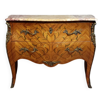 Curved jump commode, stamped, Louis XV style in marquetry.