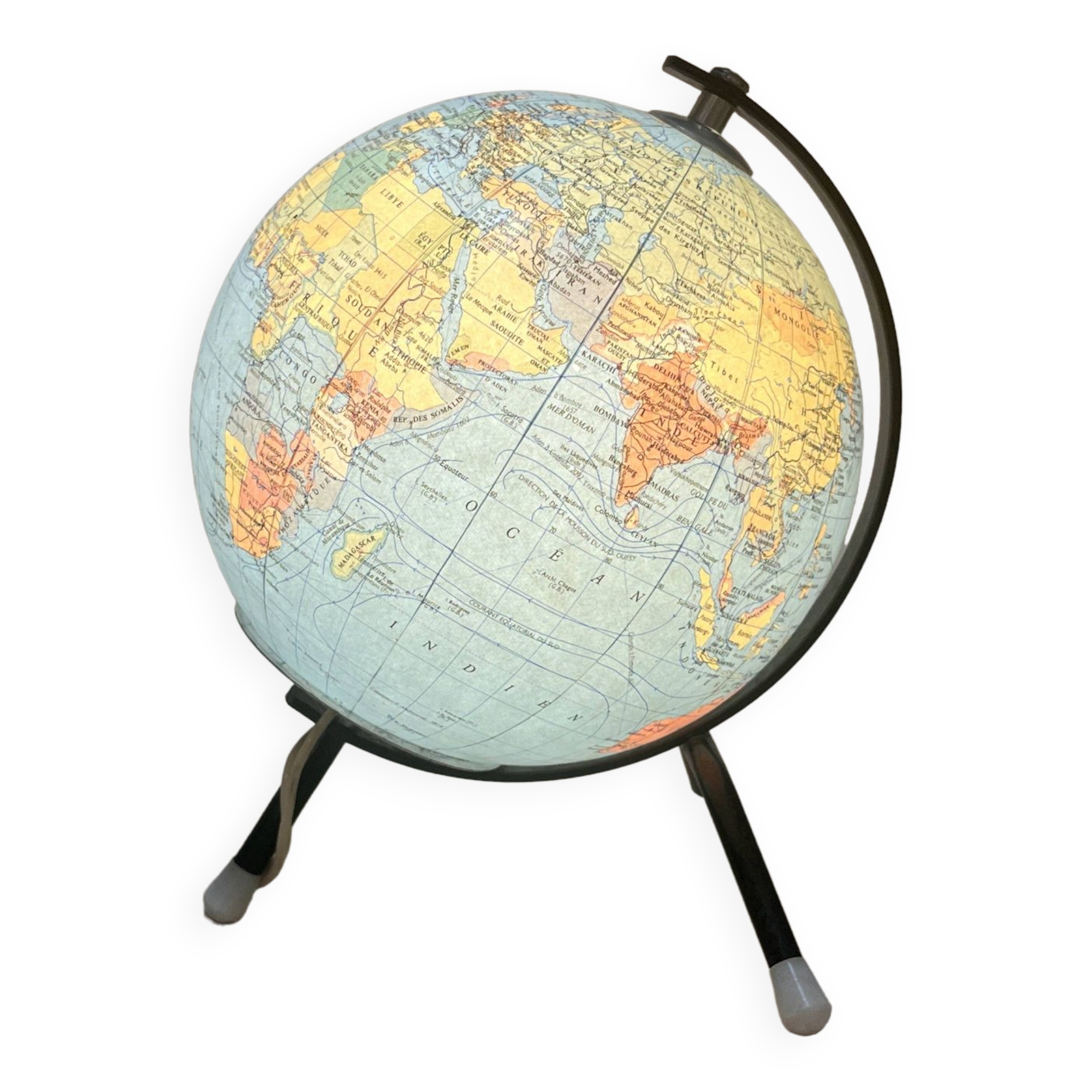 Terrestrial globe 1960 Tripod Taride luminous in vintage world map glass