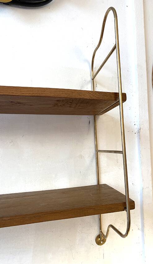 Brass and beech string shelves, 1960