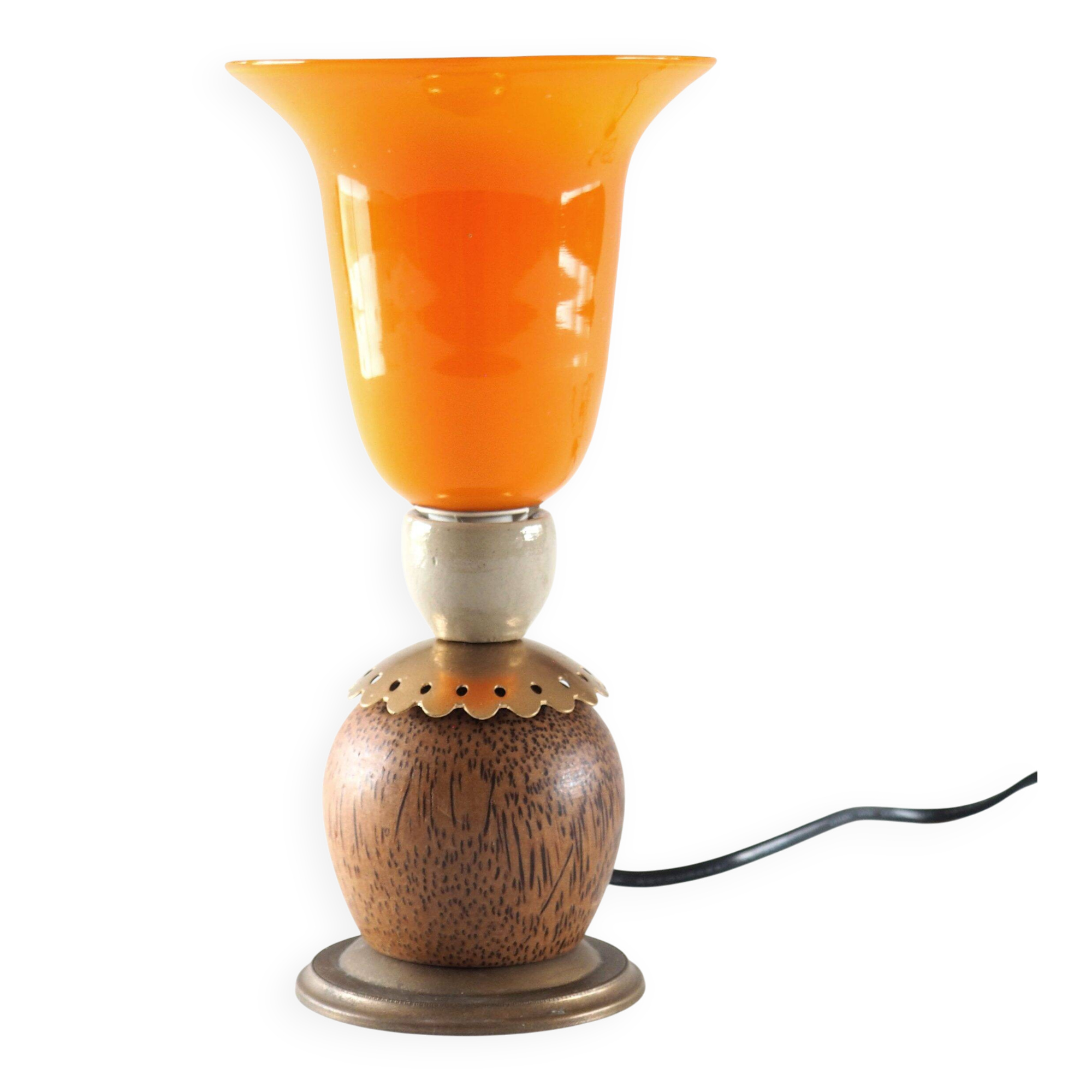 Orange glass ball lamp with wood