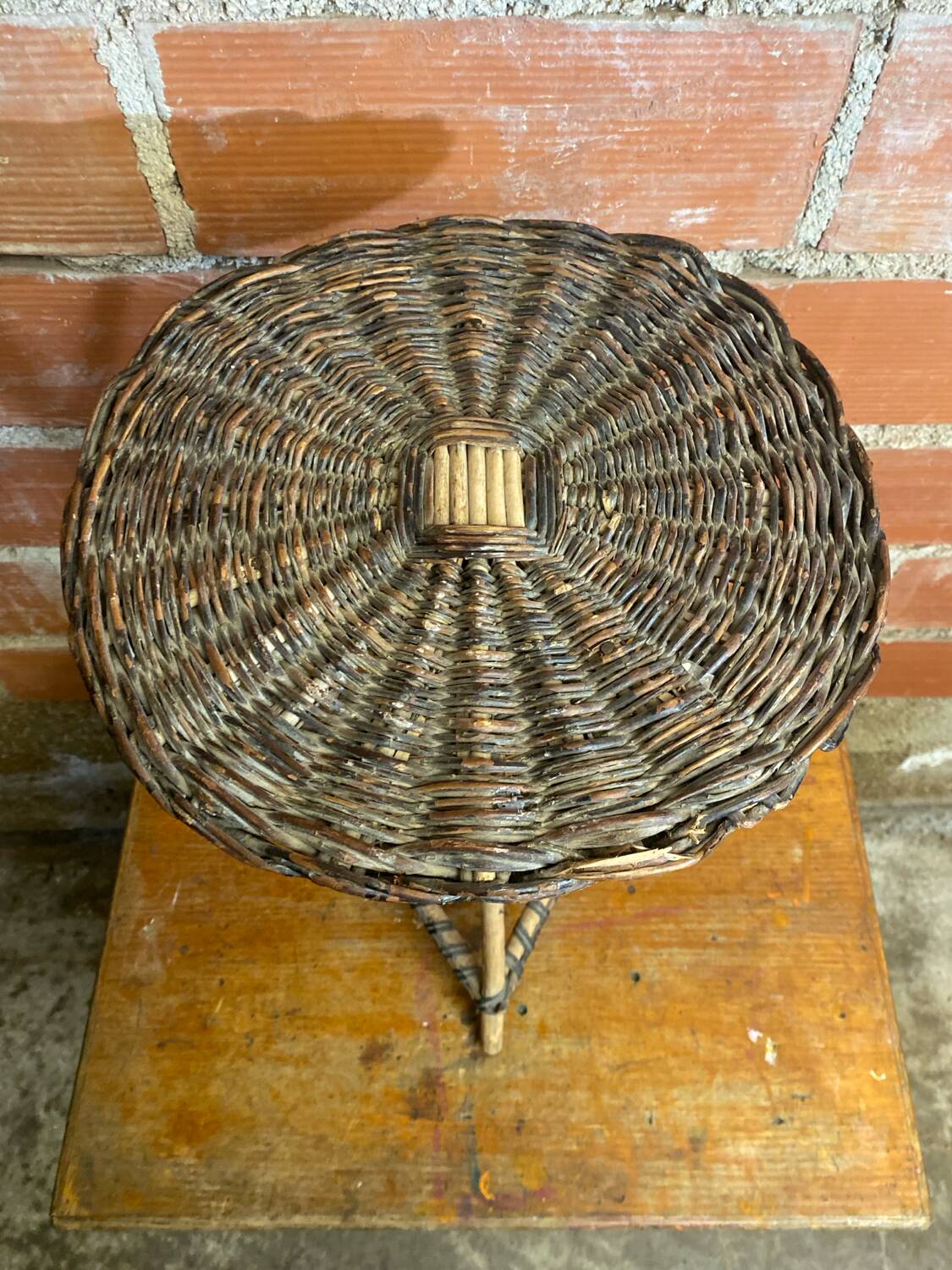 Vintage wooden tripod side table + woven wicker top