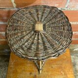 Vintage wooden tripod side table + woven wicker top