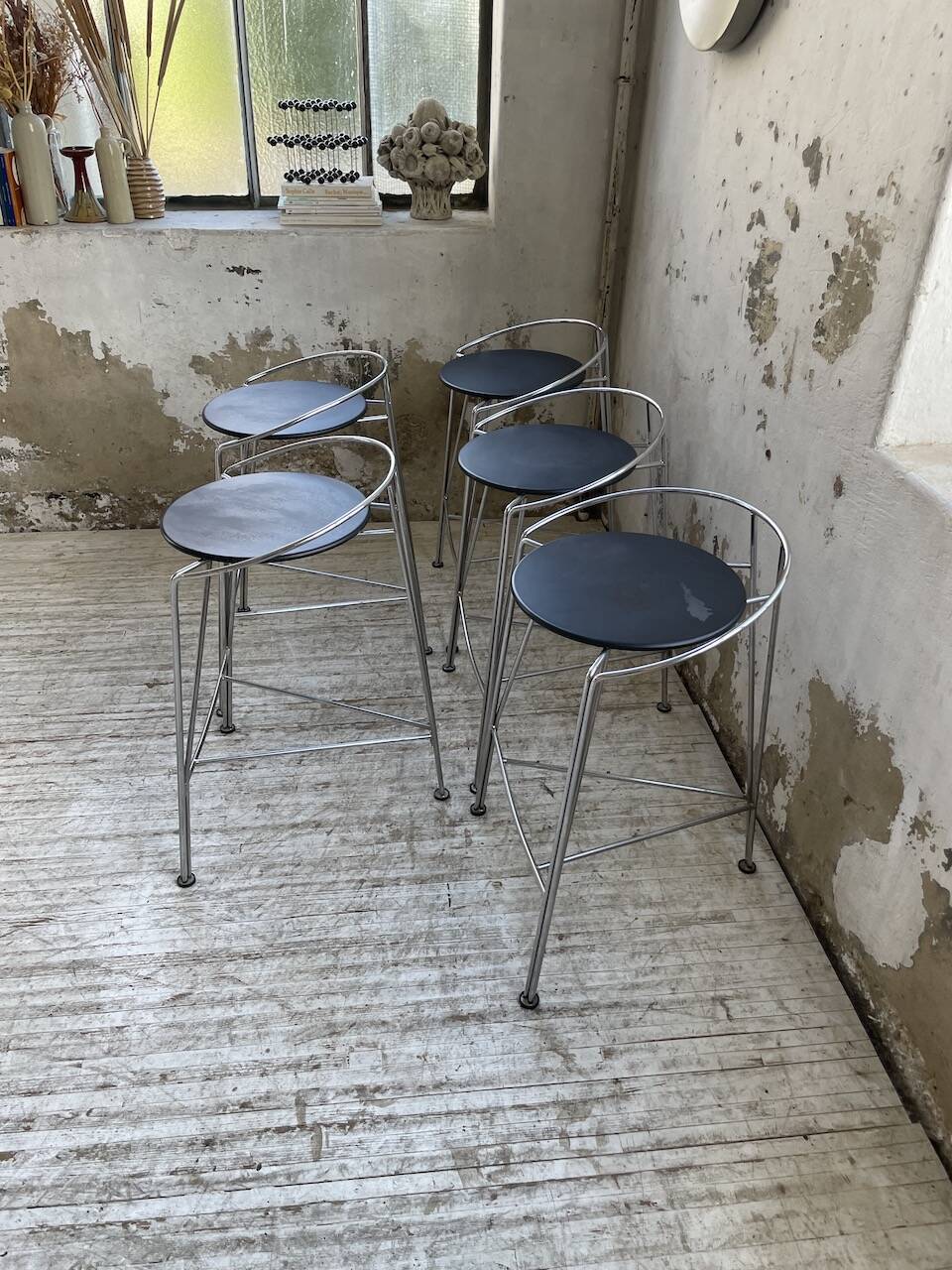 Set of 5 high stools "silver moon" Pascal Mourgue