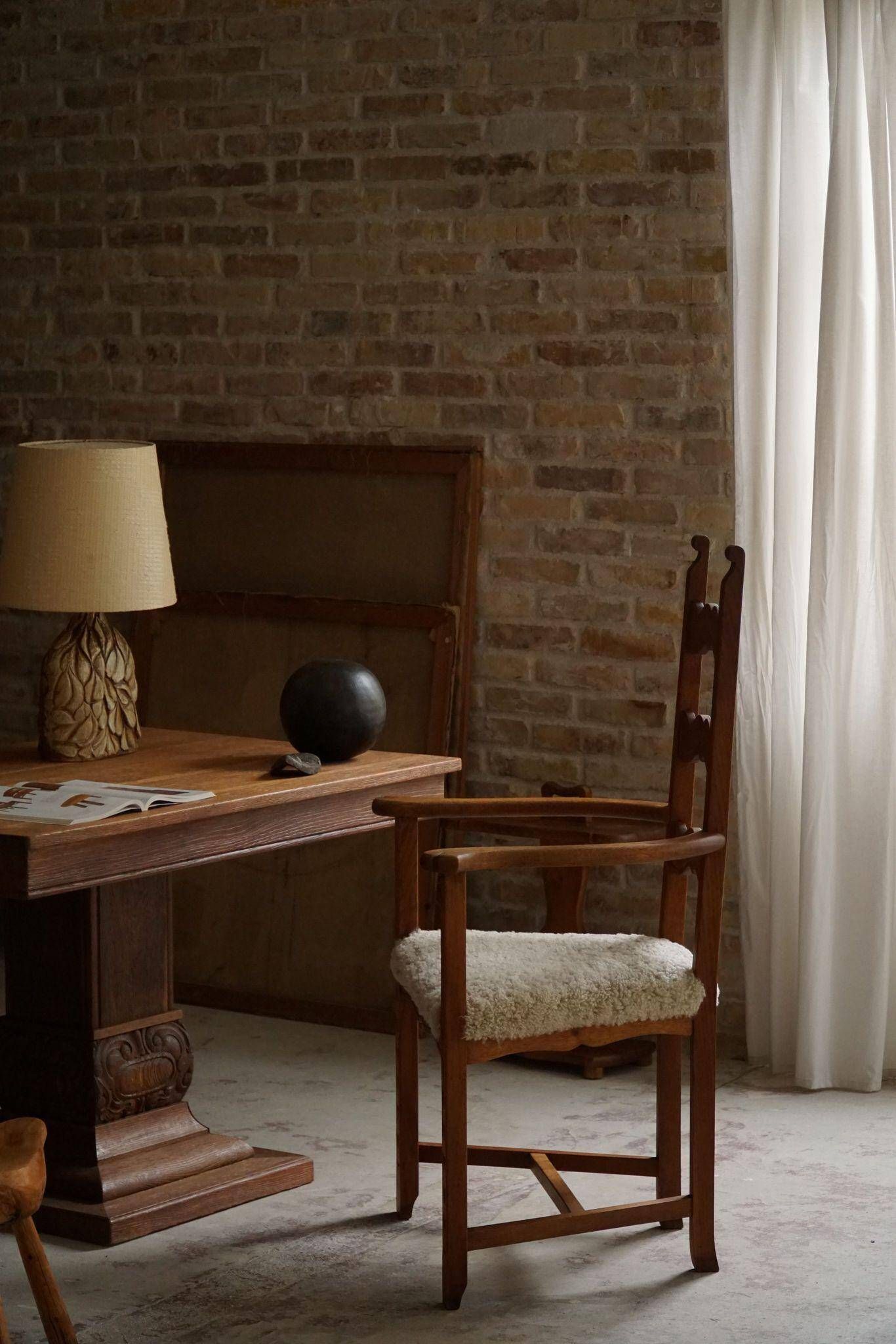 Classic Oak Armchair with Lambswool Upholstery, Mid-Century Danish, 1950s