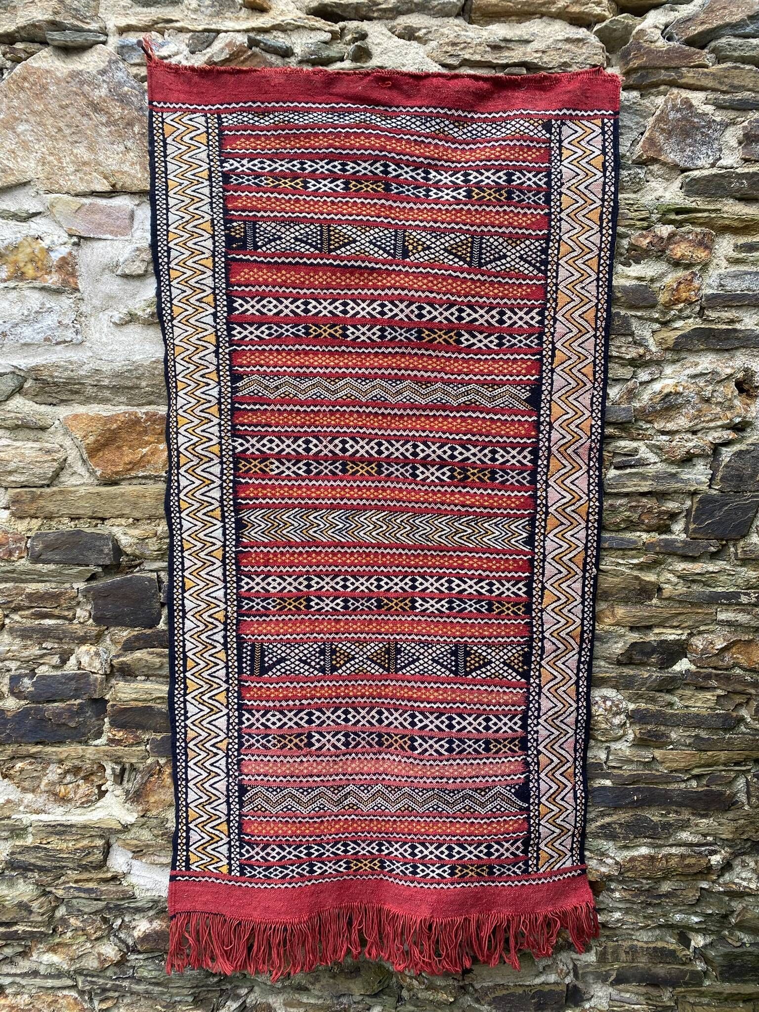 Handwoven Berber Kilim rug, wall hanging.