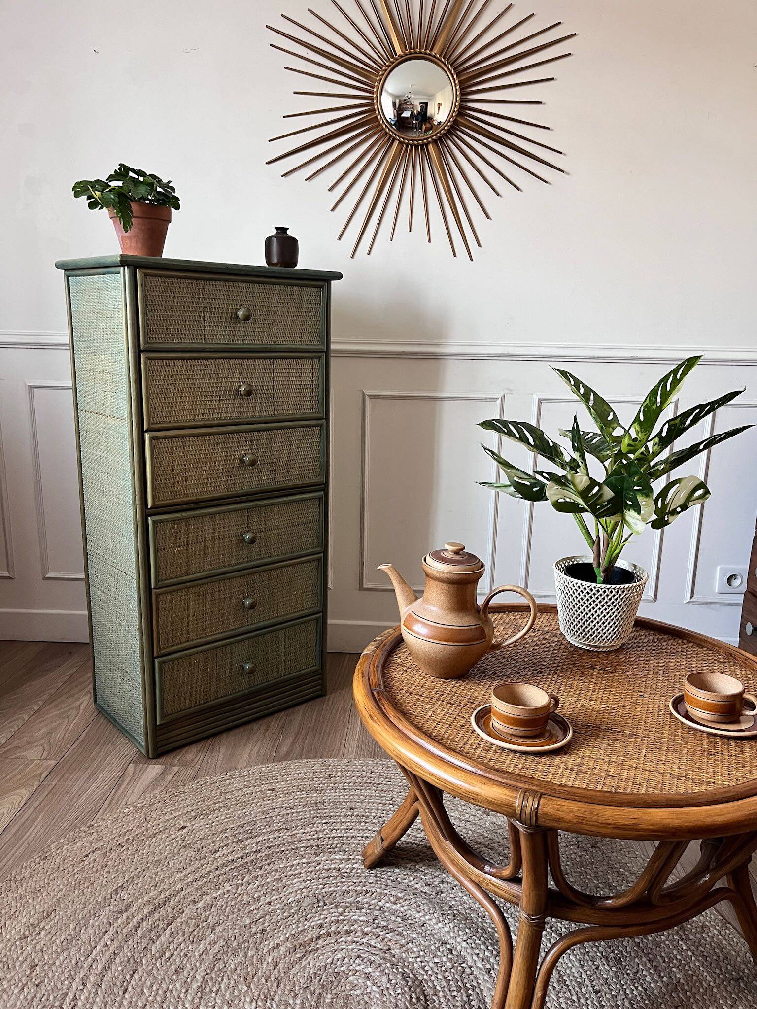 Vintage woven wicker chest of drawers