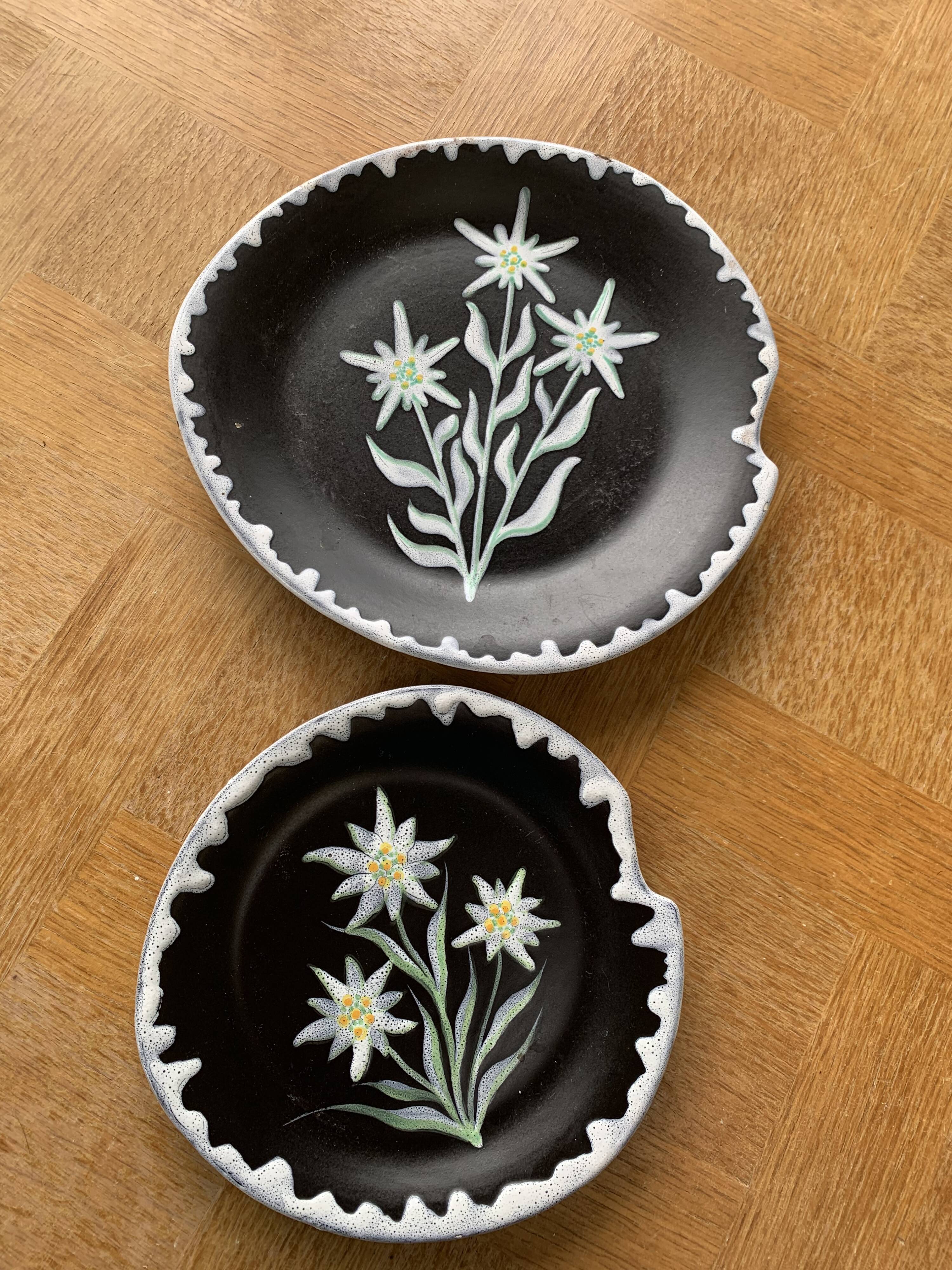 Two plates, decorative dishes edelweiss patterns in glazed ceramic signed SF vintage