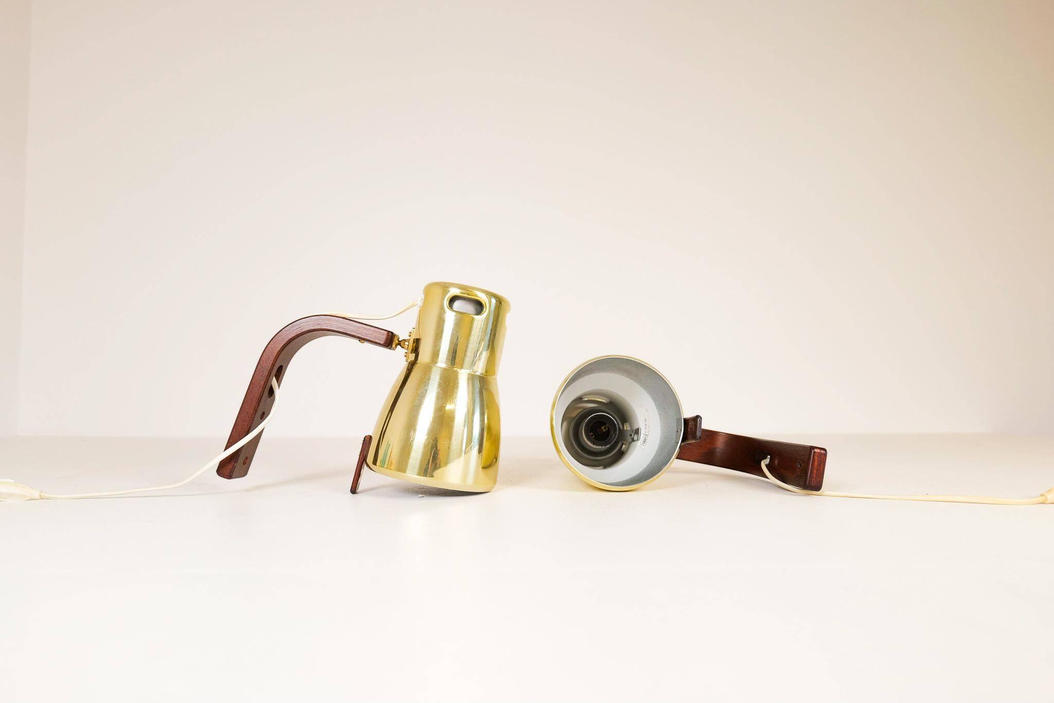 Hans-Agne Jakobsson Wall Lamps in Brass and Stained Wood, Sweden, 1970s