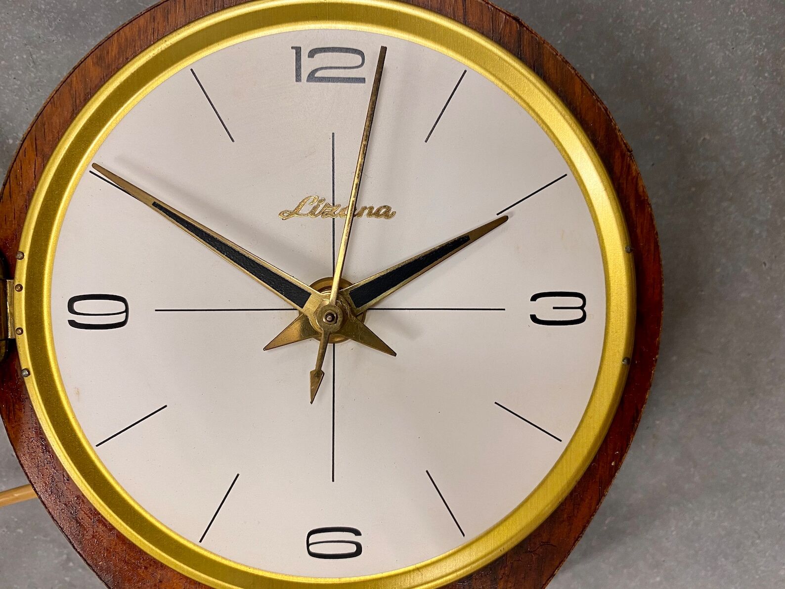 Mid century teak & brass lizana clock, vintage electric table clock