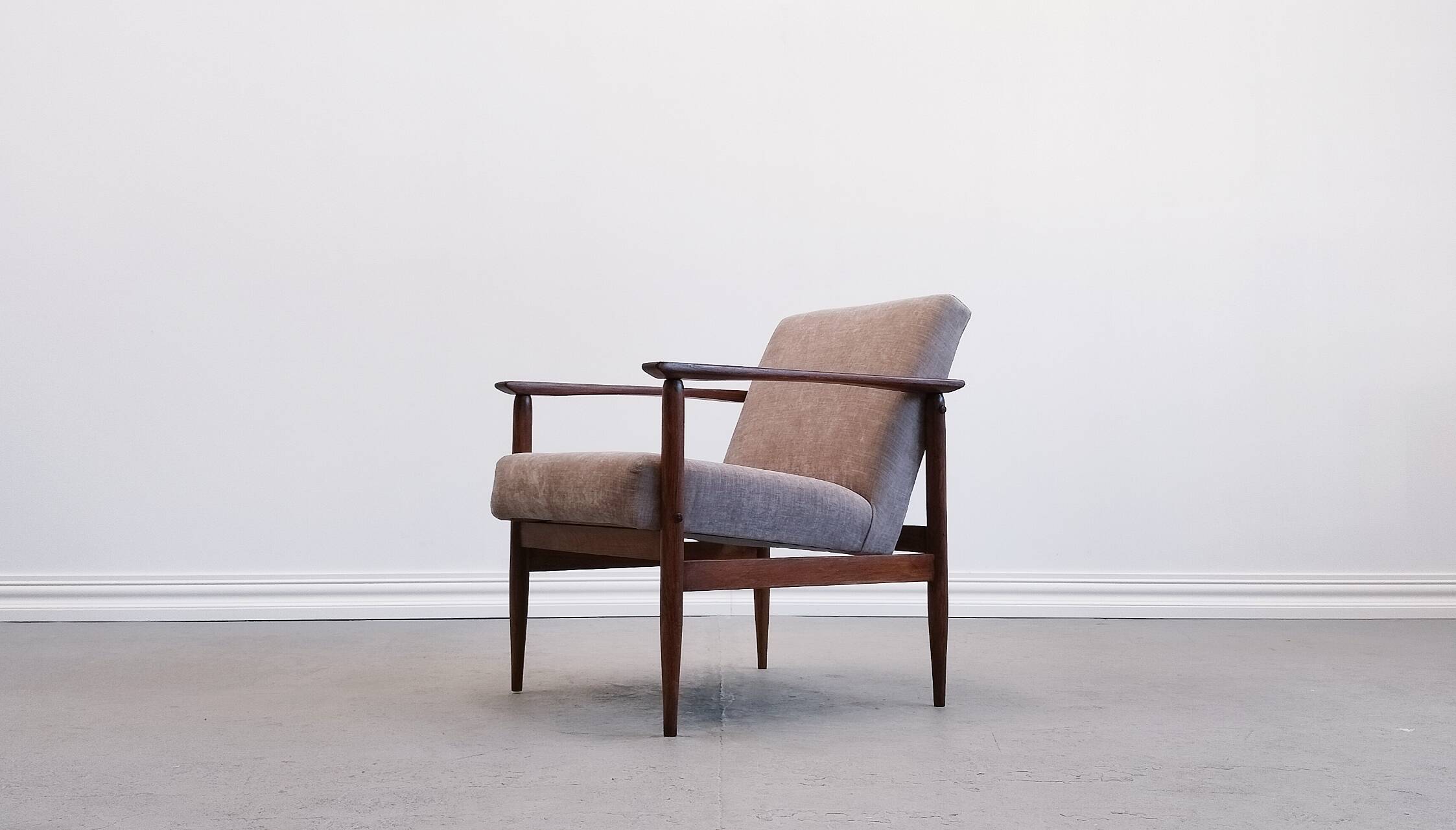 Mid Century Easy Chair in warm gray textile.