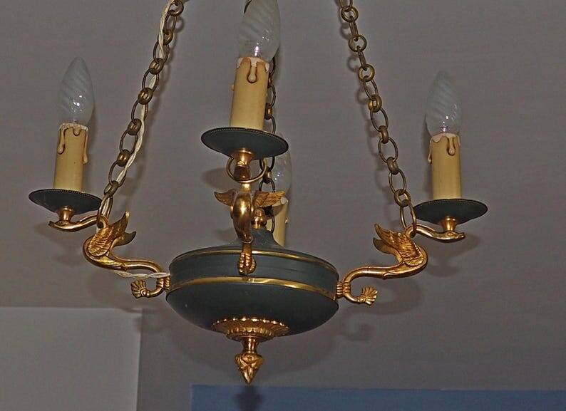 Vintage French Empire Swan Chandelier: Bronze Brass Toleware, C1950s