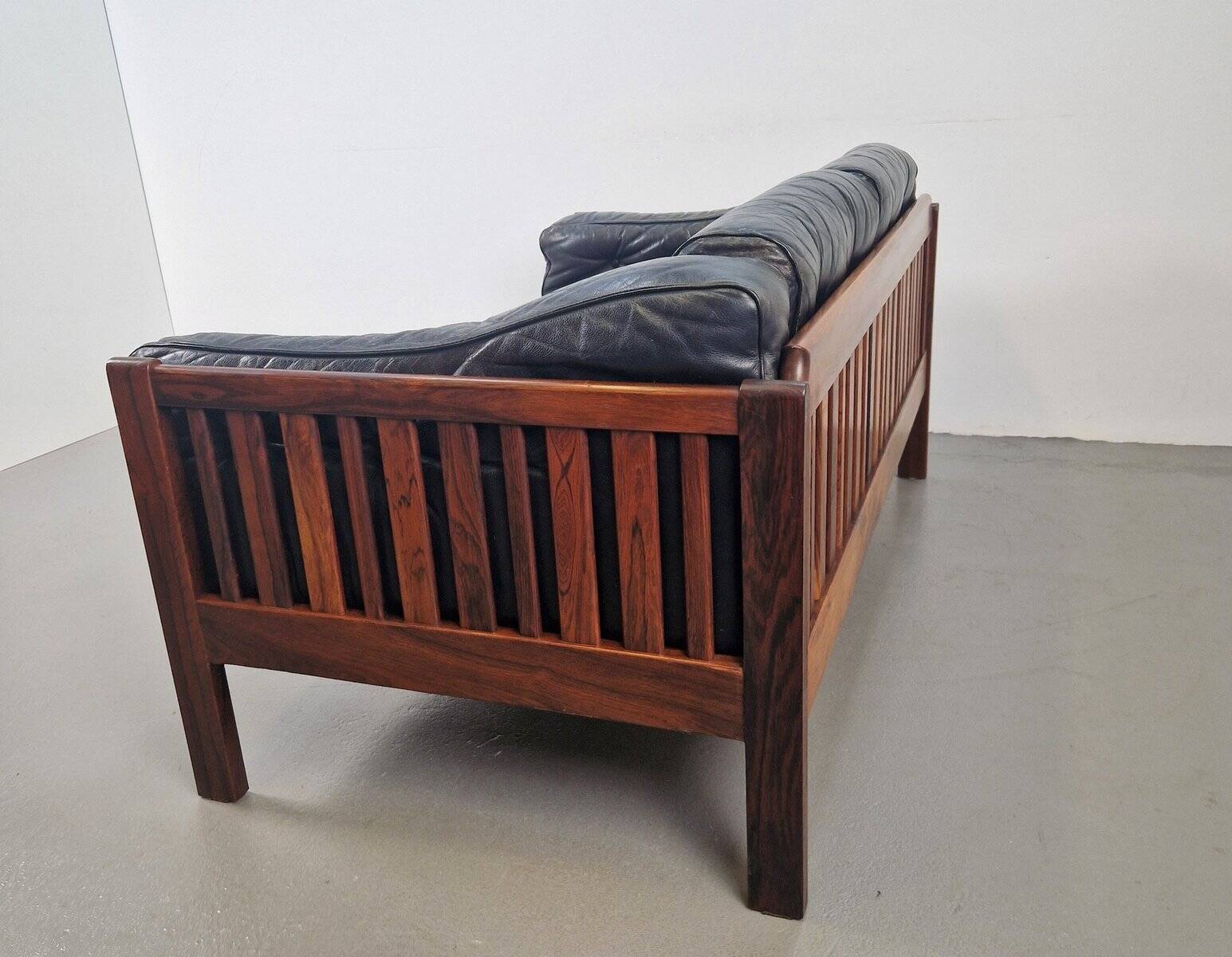 Mid-Century Modern Scandinavian Monte Carlo Sofa in Black Leather and Wood by Ingvar Stockum, 1965