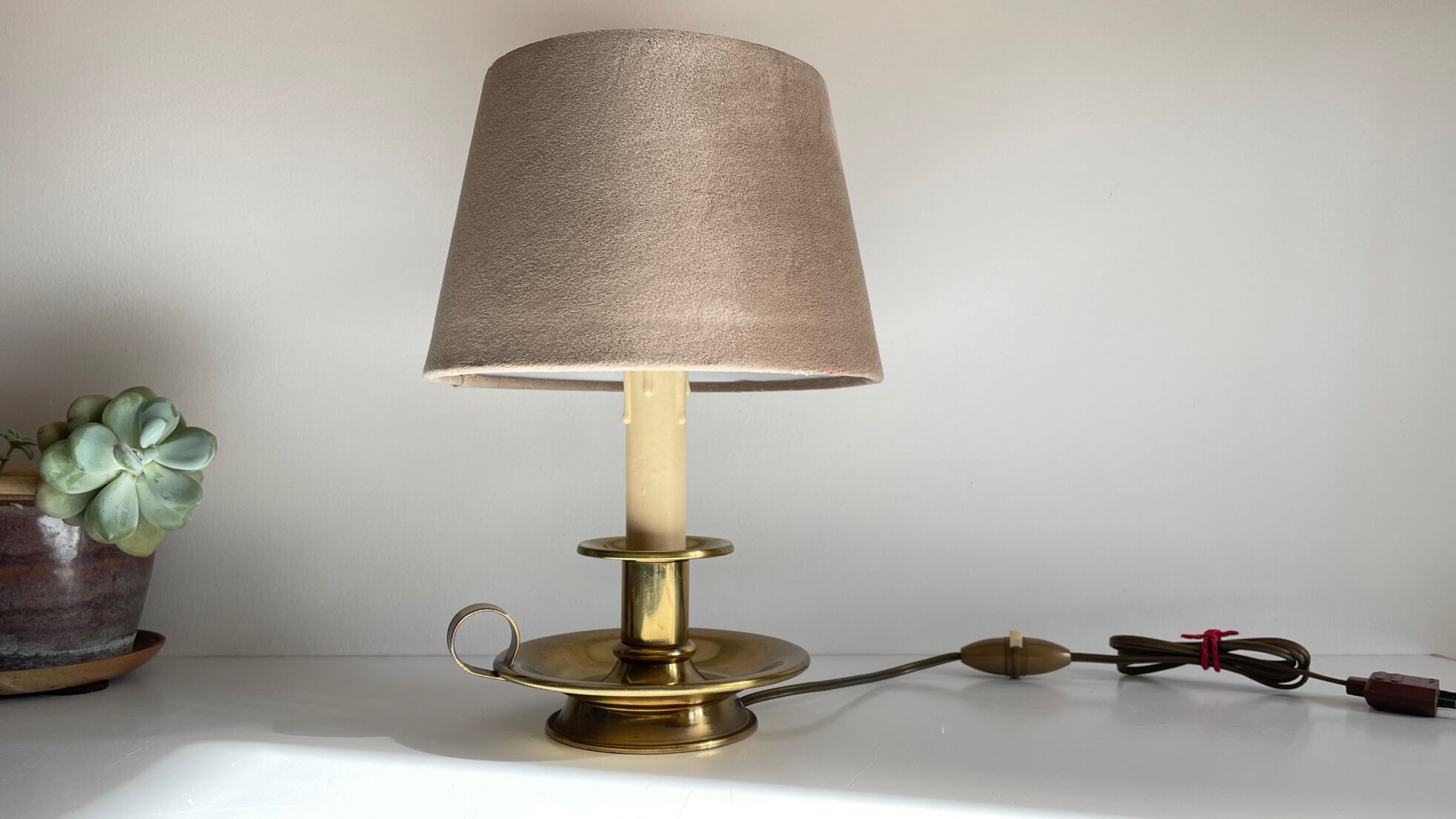 Solid brass and velvet candle holder lamp