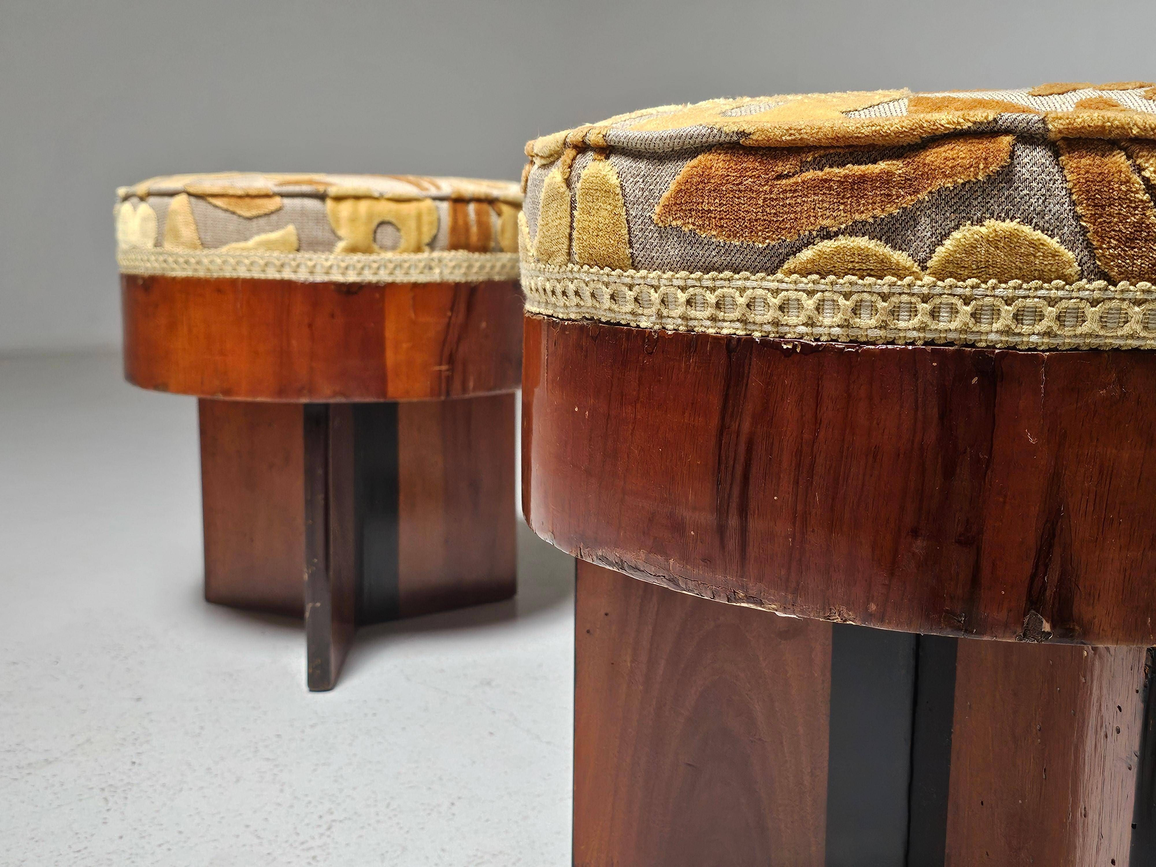 Art Deco stools in walnut and floral printed fabric, Italy.