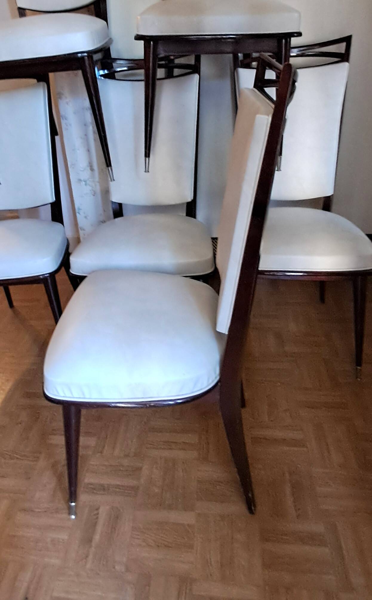 Set of 6 Art Deco chairs in solid mahogany and faux leather. Circa 1940.