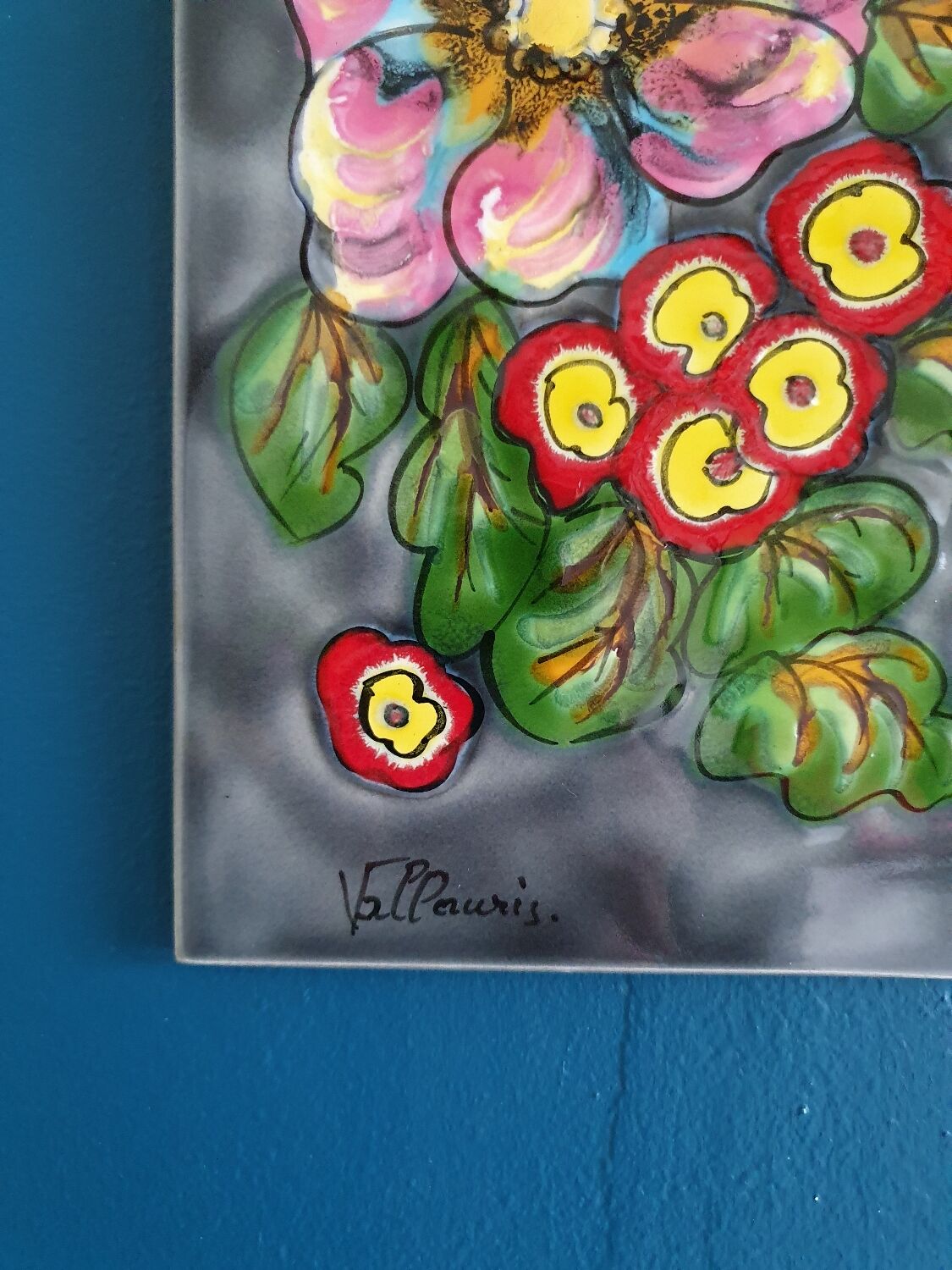 Wall plate tile / ceramic deco fleur vallauris hand painted france