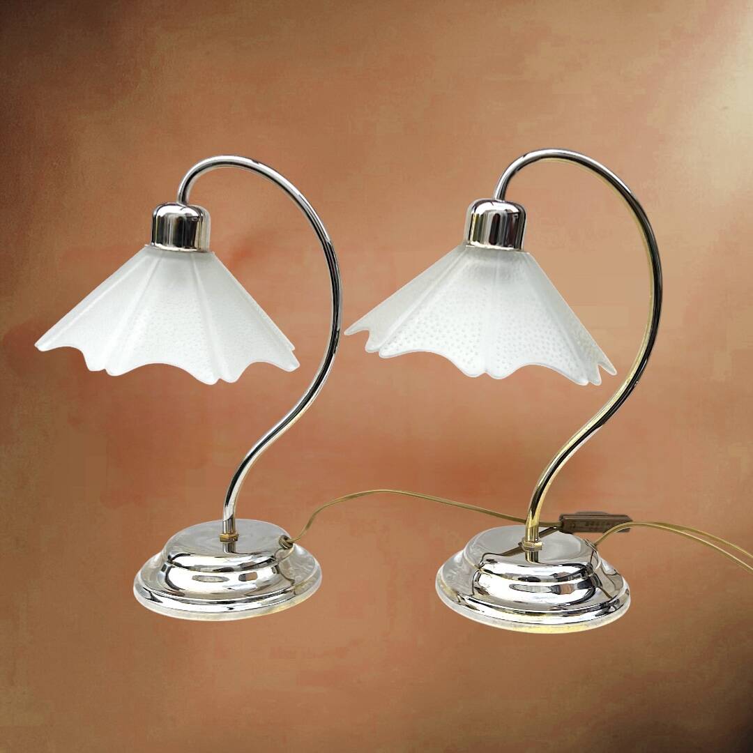 Pair of vintage lamps in chrome metal and frosted textured glass - Massive