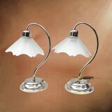 Pair of vintage lamps in chrome metal and frosted textured glass - Massive
