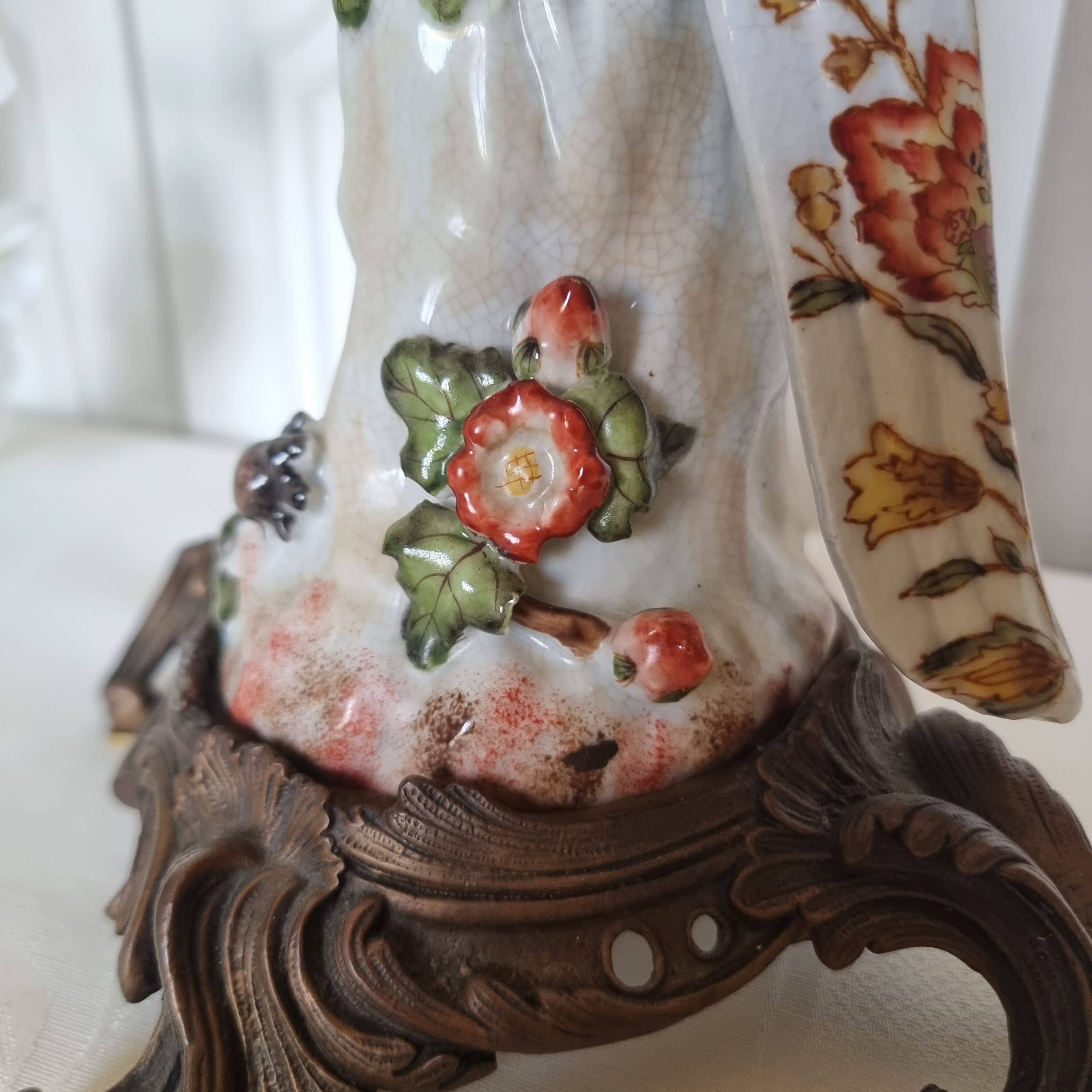 Parrot Candle Holder, Enameled Porcelain and Bronze, Late 19th Century