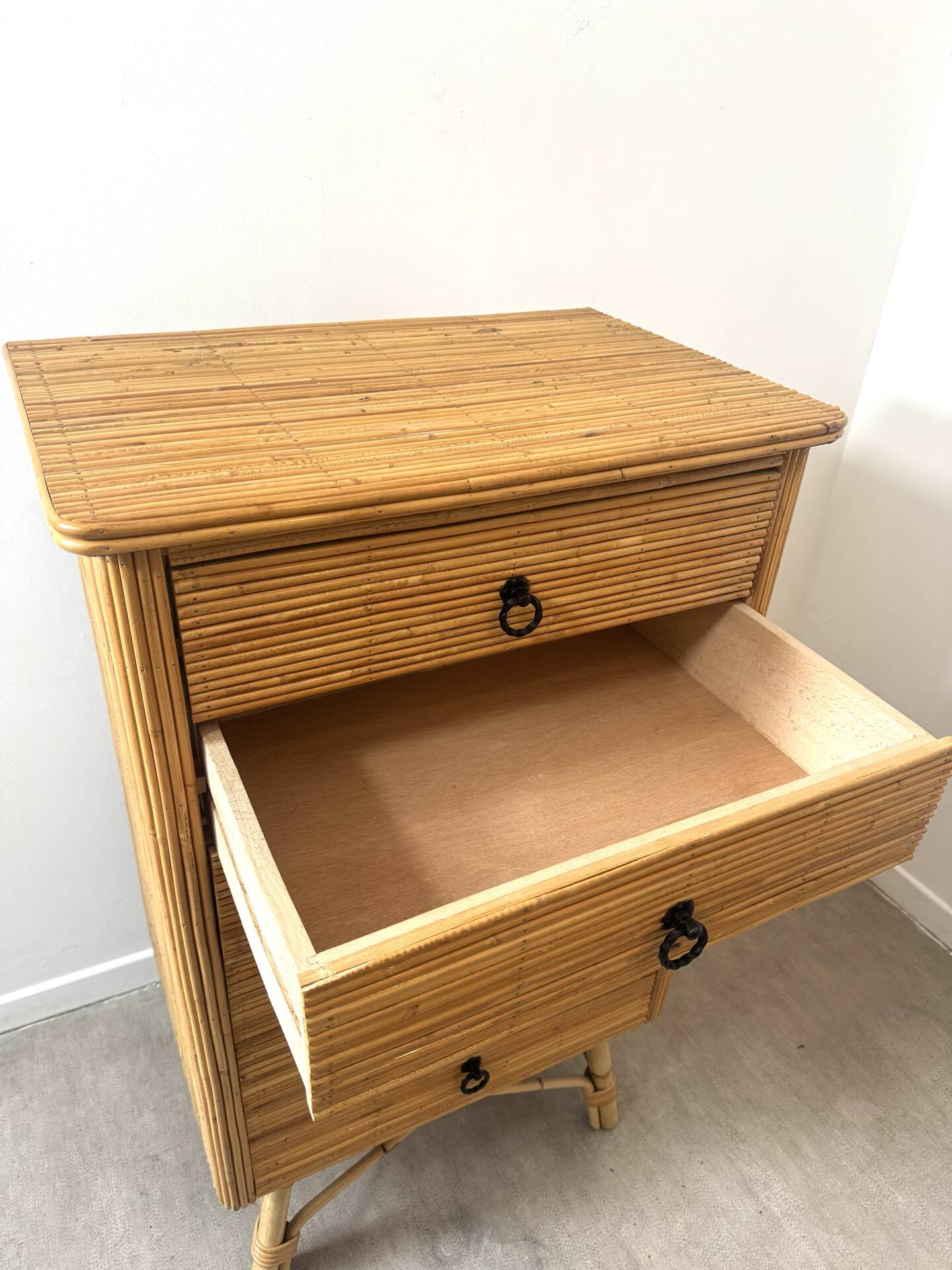 Vintage rattan chest of drawers by Audoux Minet