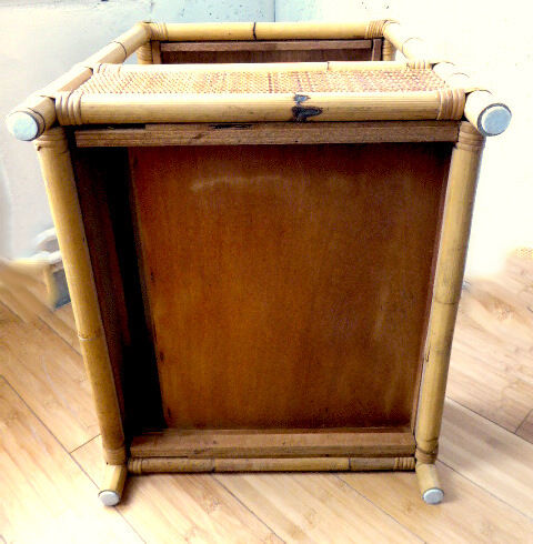 Vintage coffee table wood and blond rattan one drawer ca 1970