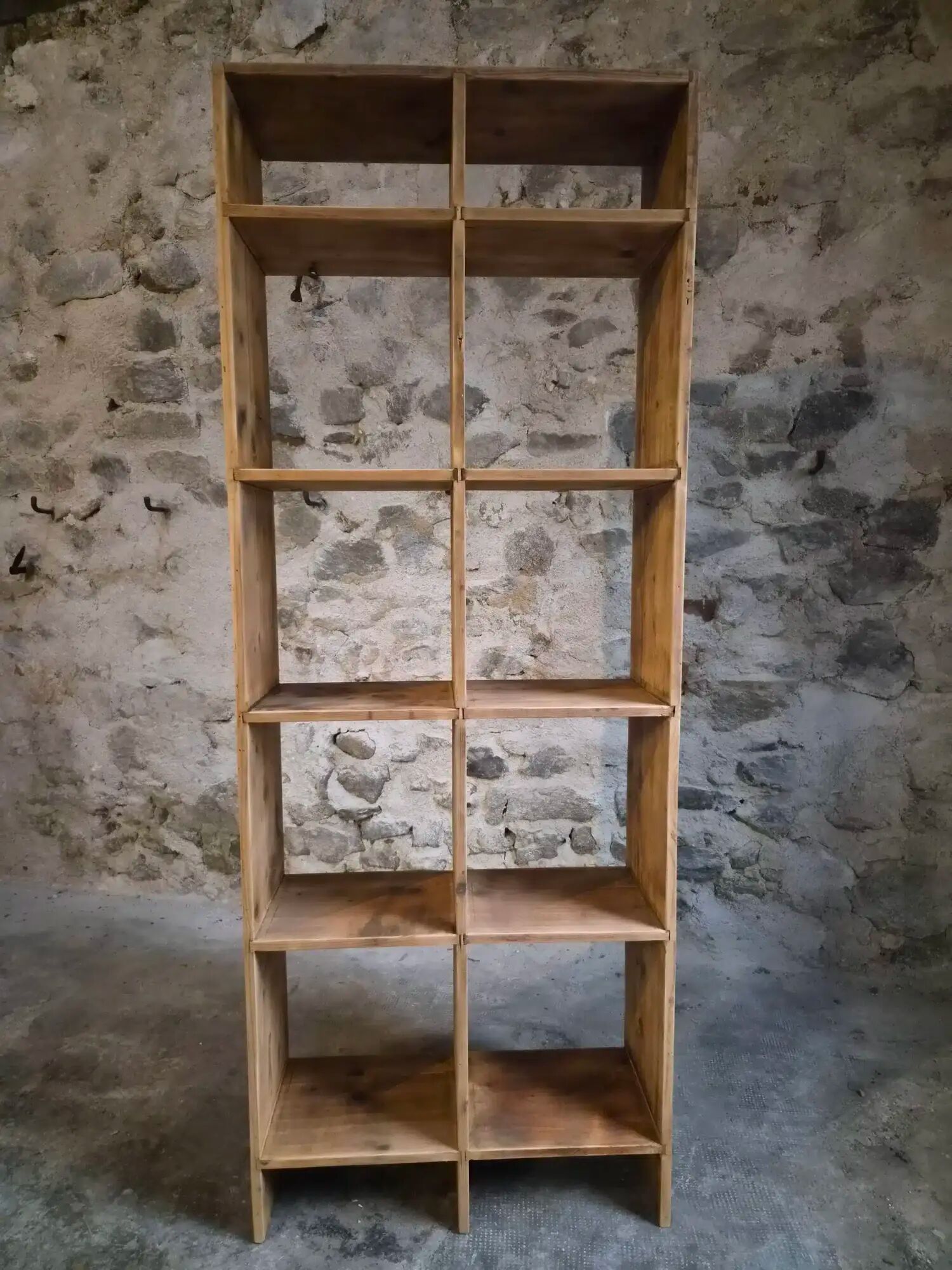 Vintage pine shelf with compartments, room divider, 1950s.
