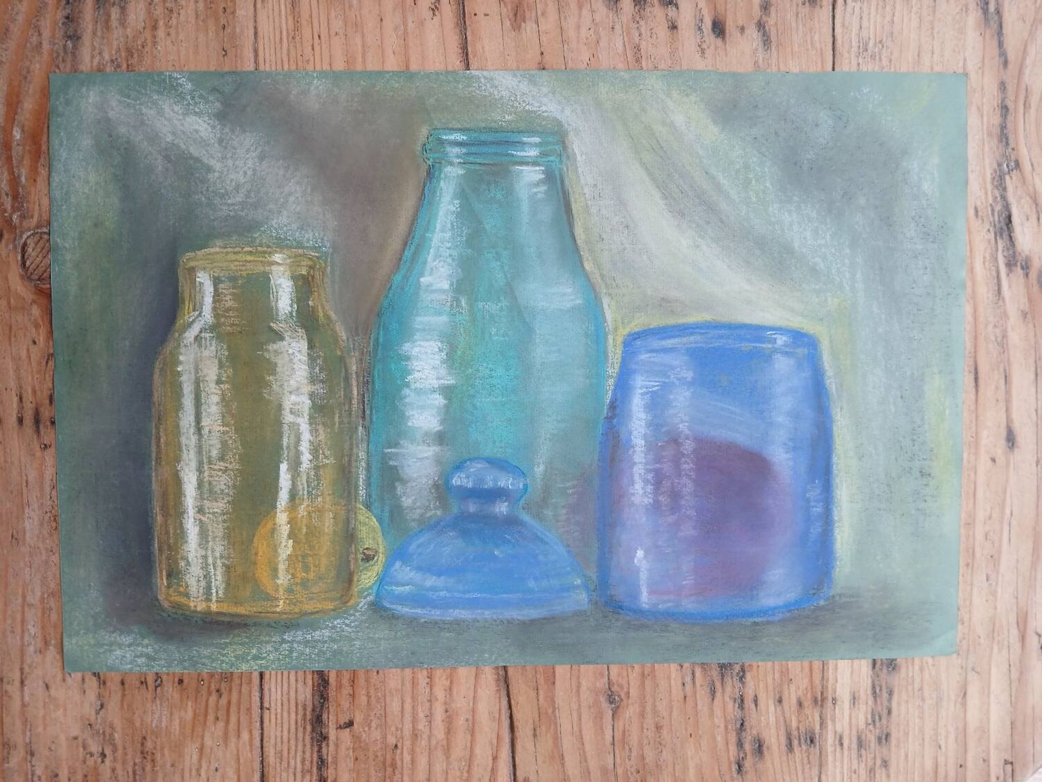 Dessin aux pastels bocaux et bouteilles