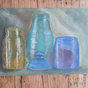 Dessin aux pastels bocaux et bouteilles