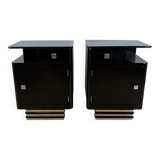 Art Deco Bedside Cabinets in Black Lacquer & Chrome, France, 1930, Set of 2