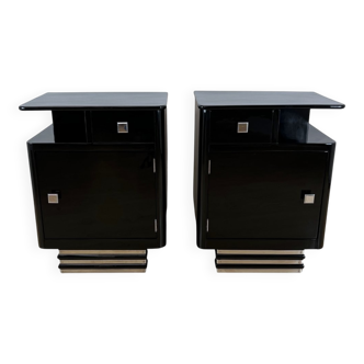 Art Deco Bedside Cabinets in Black Lacquer & Chrome, France, 1930, Set of 2