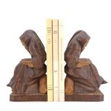 Wooden bookends monks reading, 80s