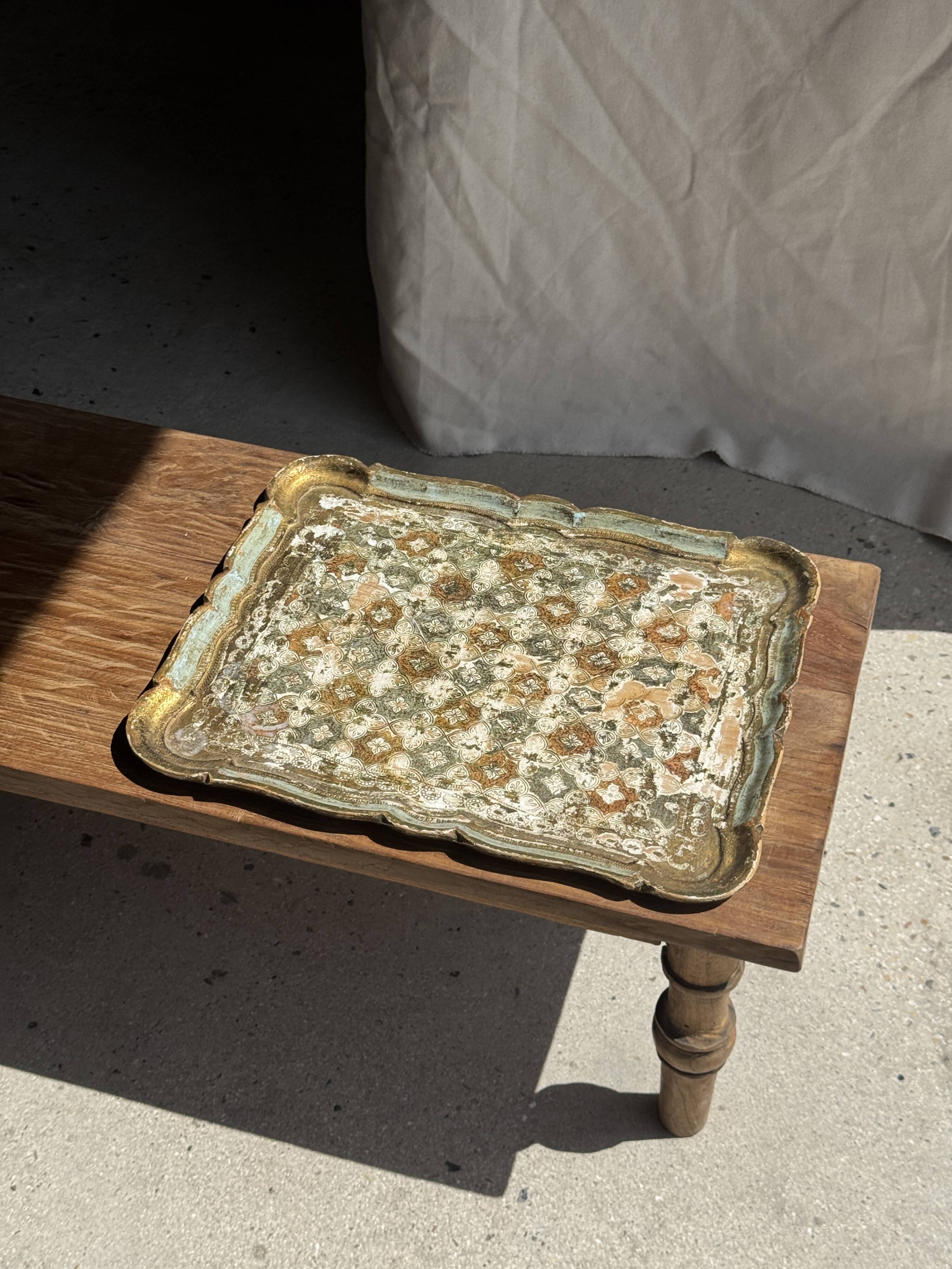 Large wooden tray hand-painted with blue and gold floral ornaments L48x38