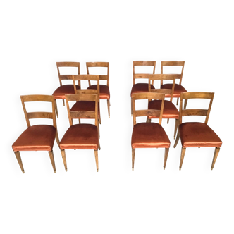 Set of Ten Orange Fabric Upholstery and Walnut Dining Chairs, Italy