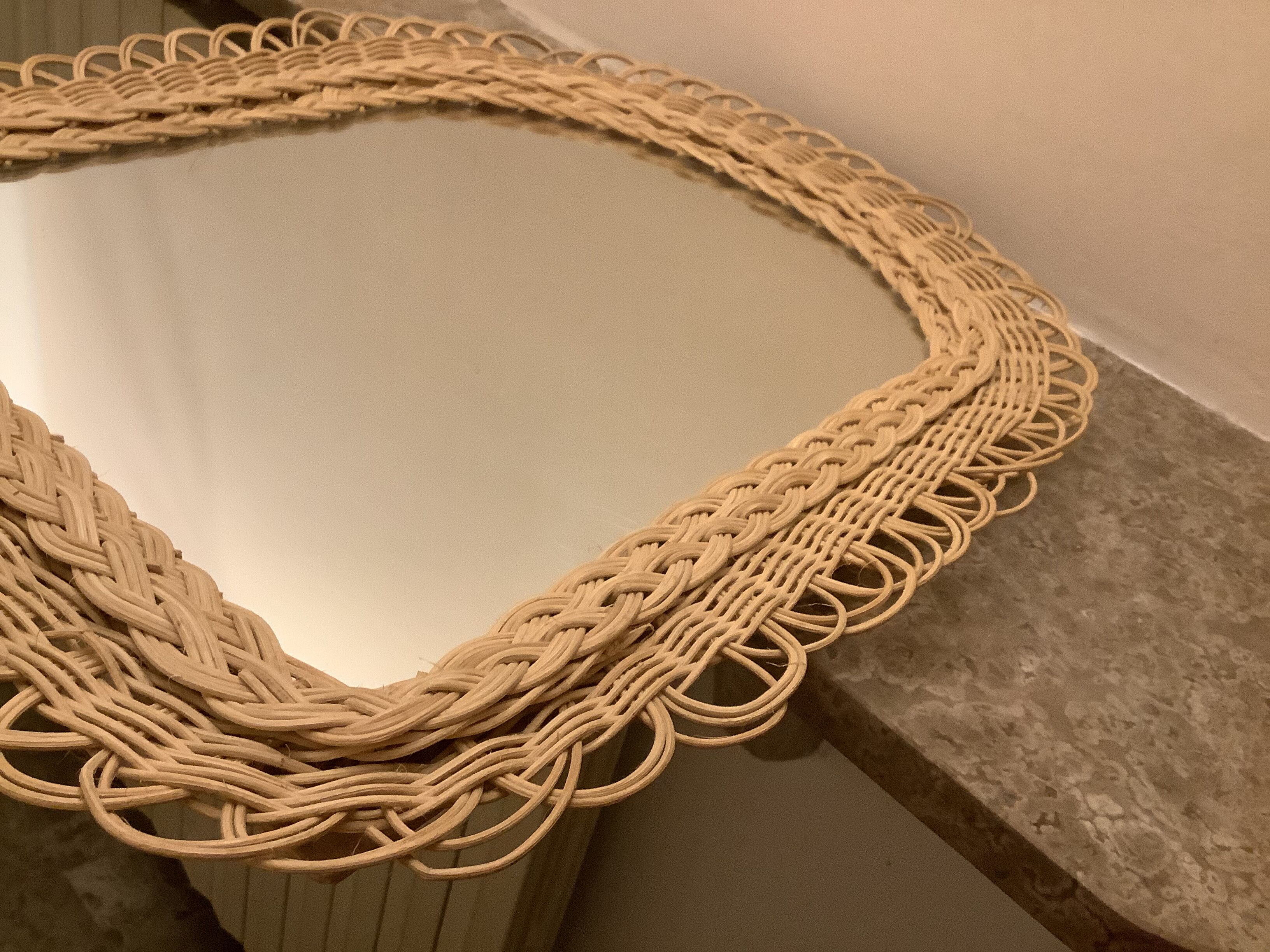 Old rattan wicker braided mirror, 48x40 cm