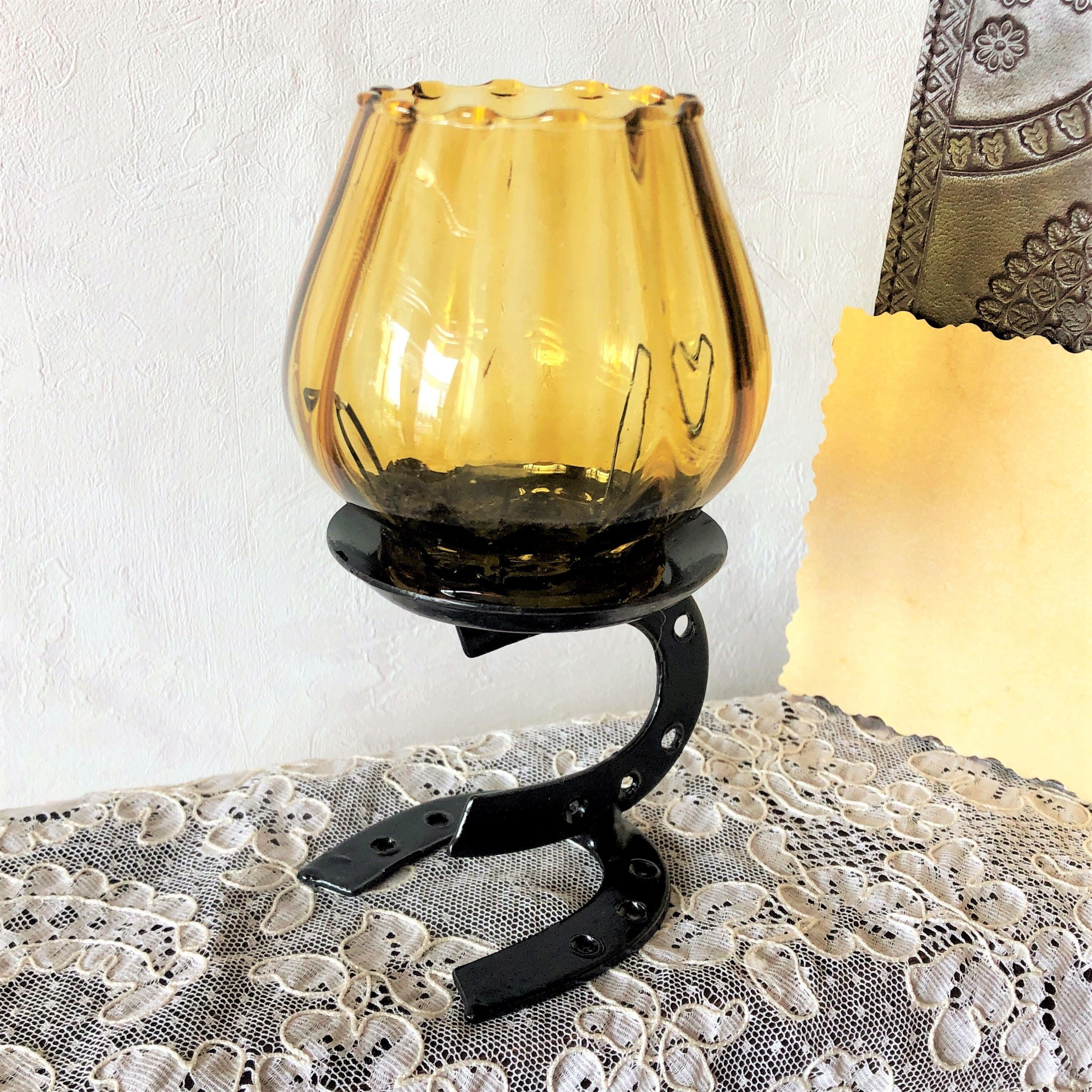 Candle holder photophore metal horseshoe and vintage amber glass