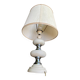 Space age bedside lamp in off-white wood with a metal band.