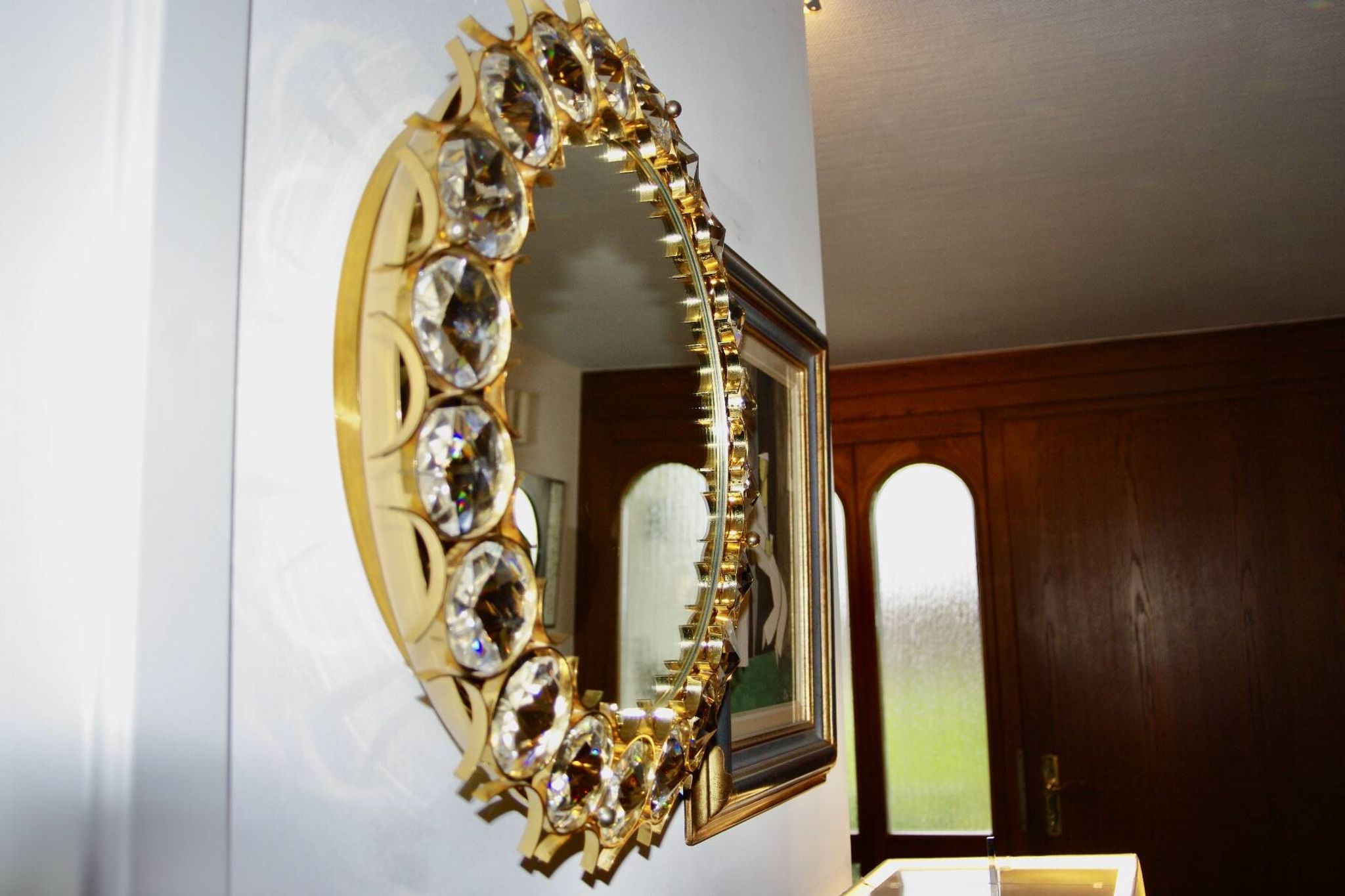 Vintage circular mirror in gold brass by christoph palma austria 1960