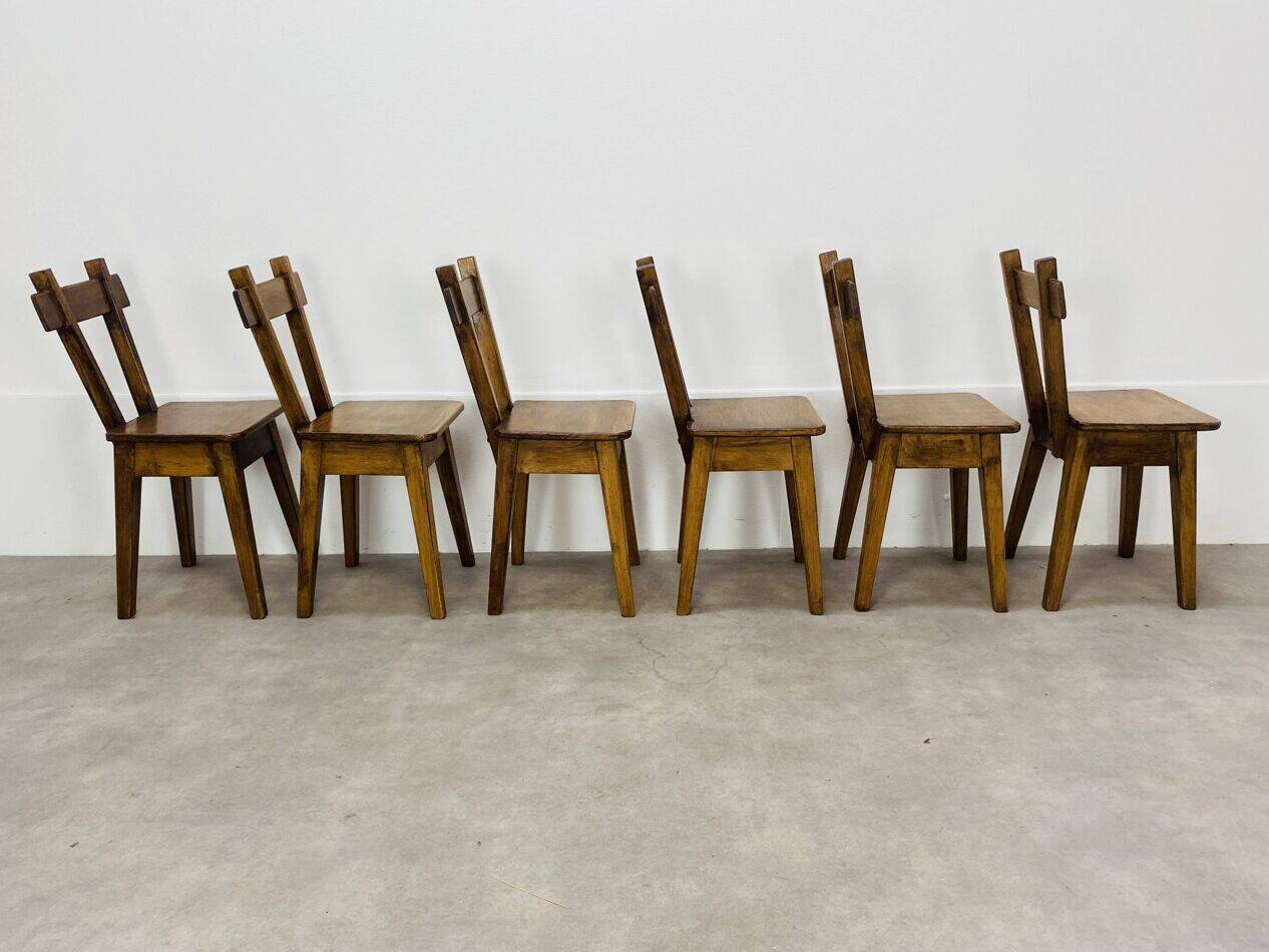 6 brutalist solid wood chairs, chalet decor, vintage