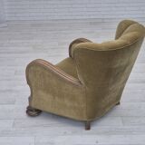 1960s, Danish relax armchair, green furniture velour fabric, oak wood.