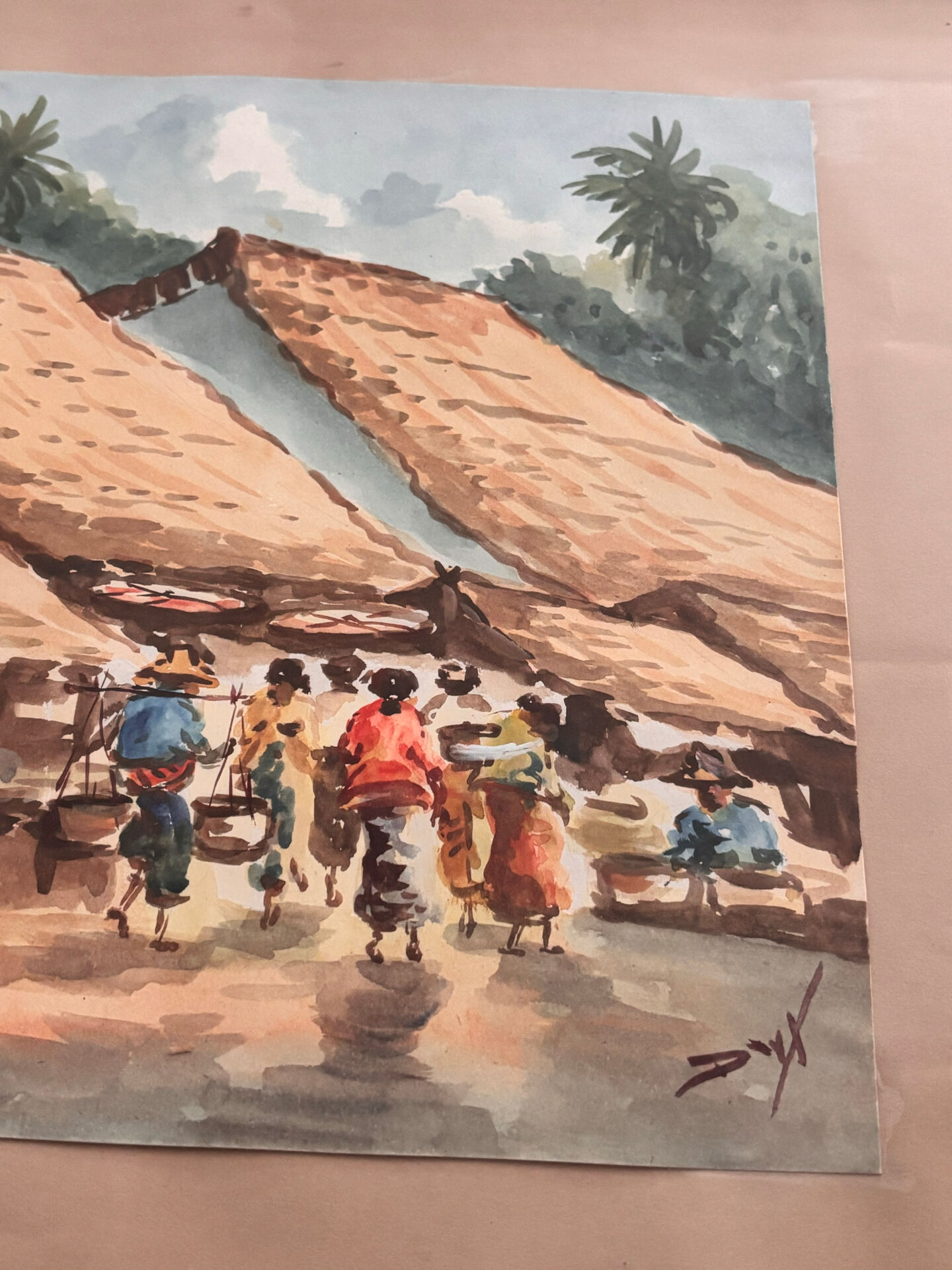 Aquarelle ancienne - Scène de Marché - École d'Indochine v. 1950
