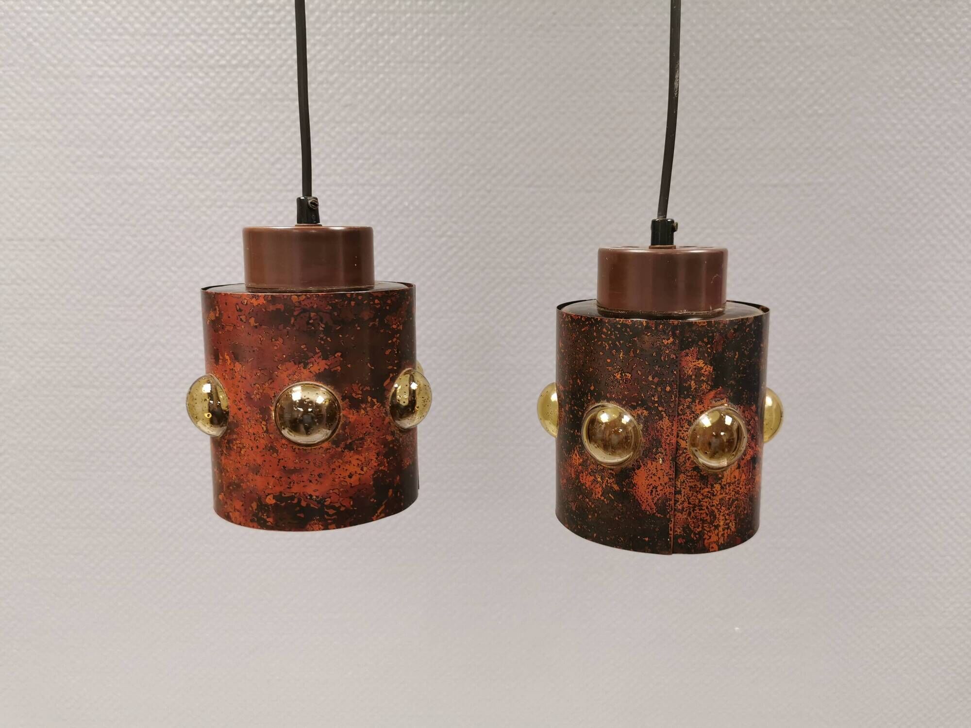 Two beautiful hanging lamps made of thin copper with inlaid glass 1970-80s