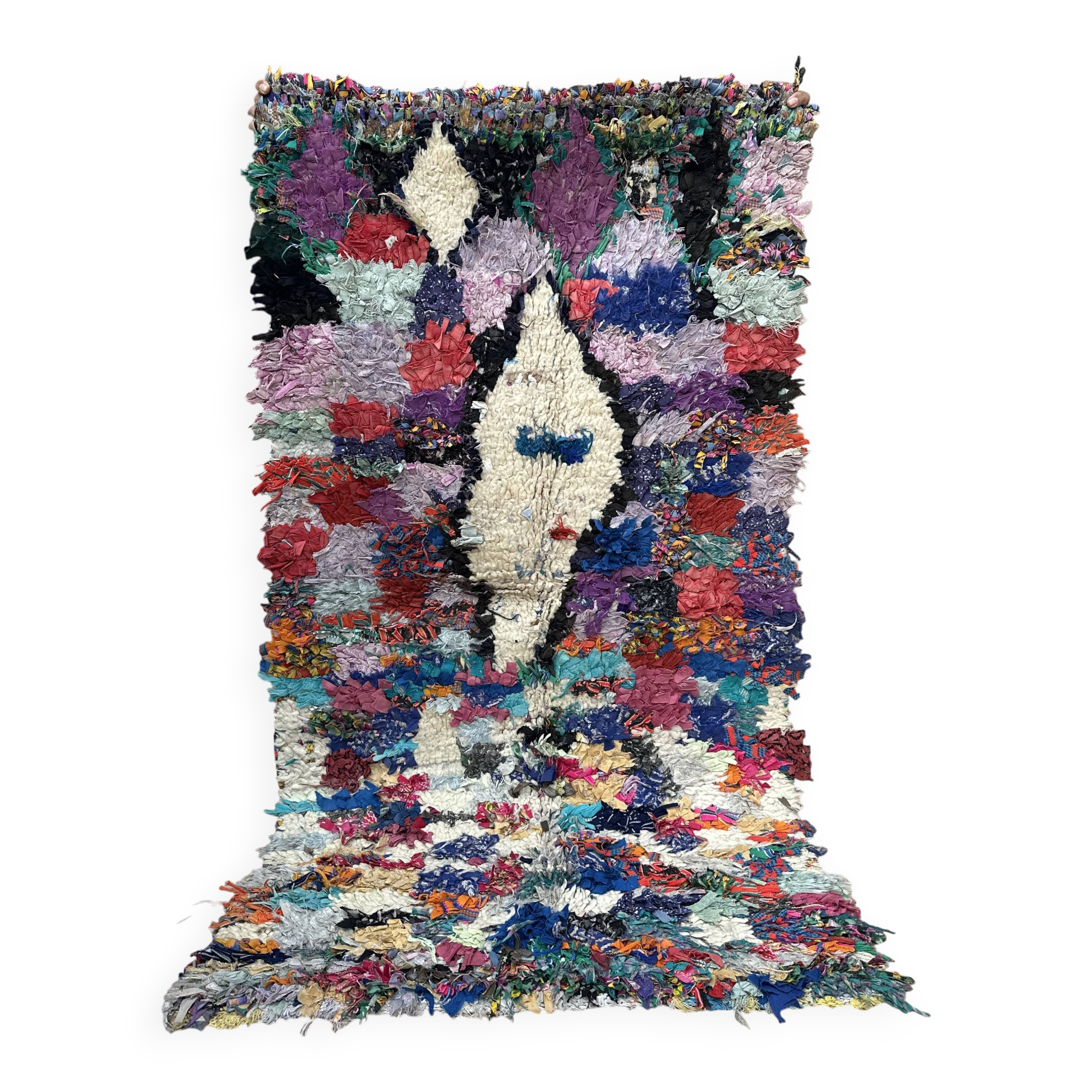 Vintage Moroccan Boucherouite rug: small abstract rug