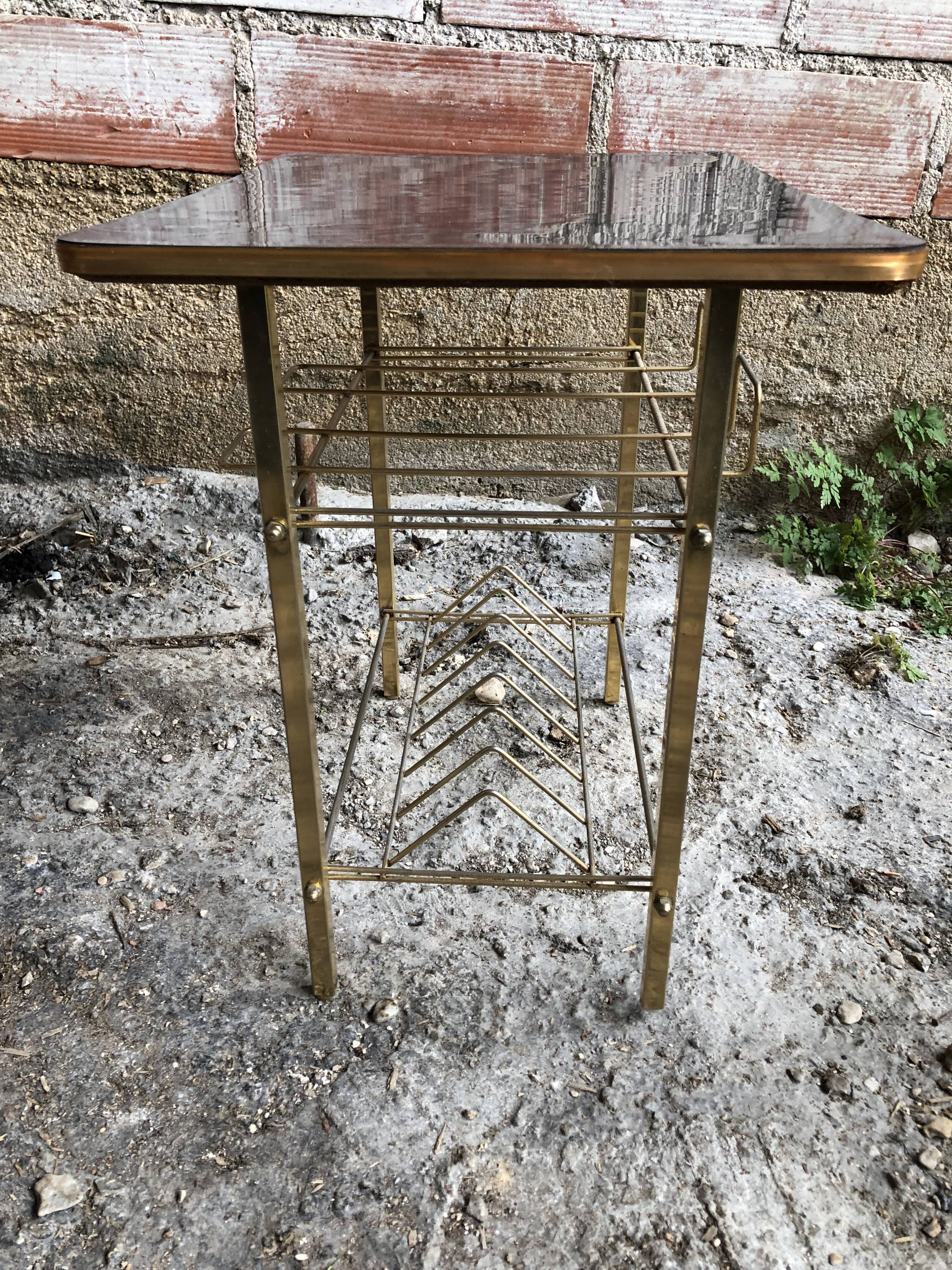 Old Furniture Table Hifi Door Vinyls Golden Metal + Formica Vintage Tray