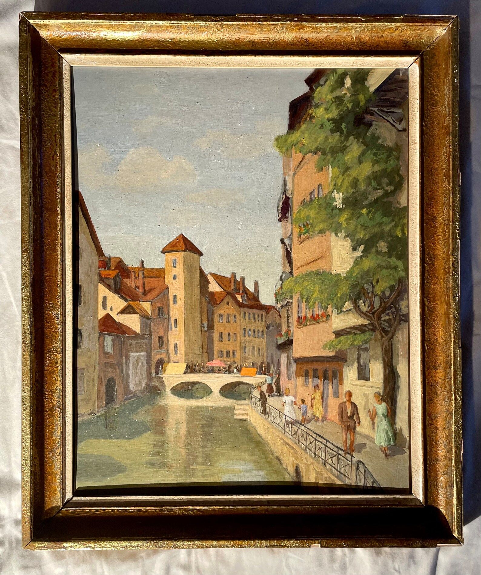 1940s French oil painting on wood. Cityscape