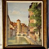 1940s French oil painting on wood. Cityscape