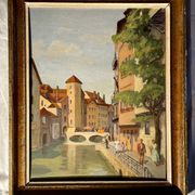 1940s French oil painting on wood. Cityscape