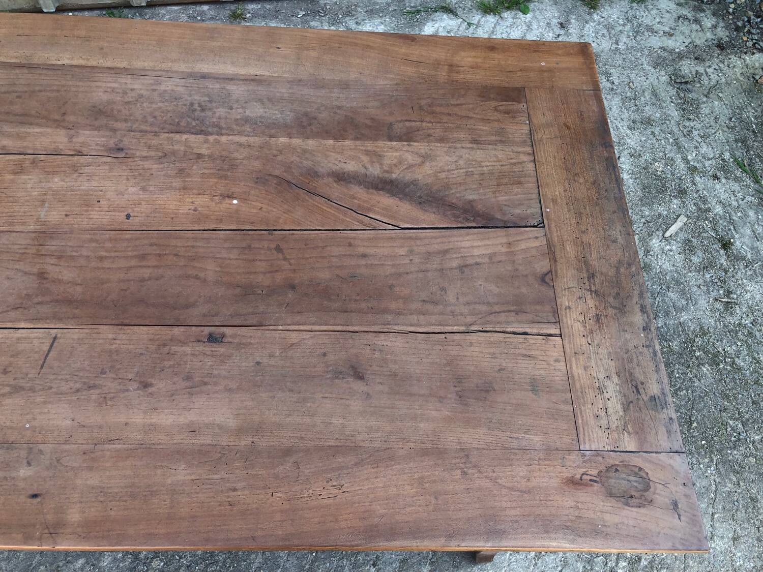 Antique solid cherry farmhouse table with 3 drawers and 2 pulls