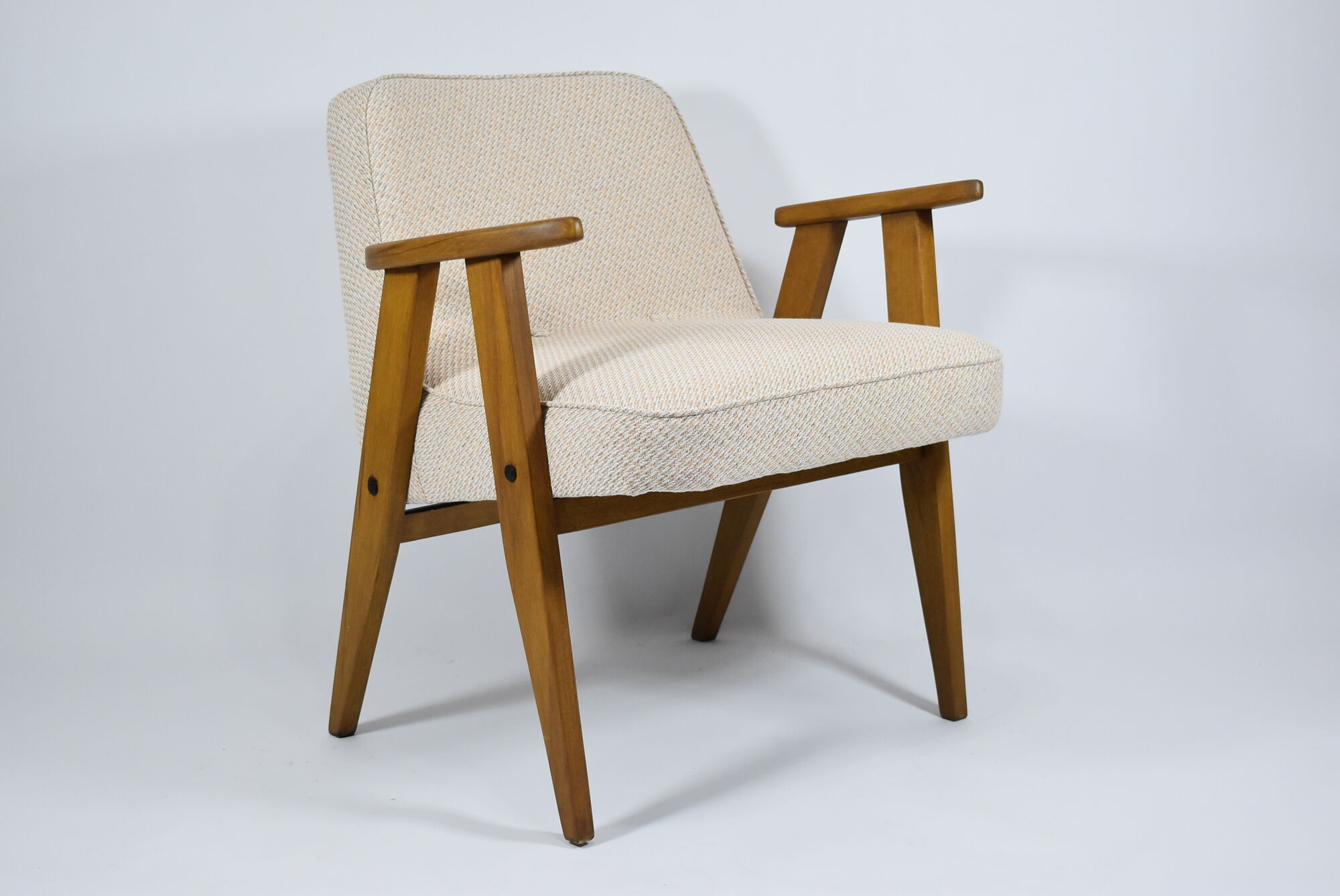 Armchair, model 366, 1960s, cream fabric, teak wood
