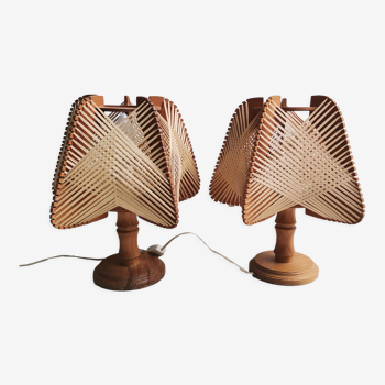 Portuguese Mid Century Modernist wood straw wooden table lamps 1960s SET of 2
